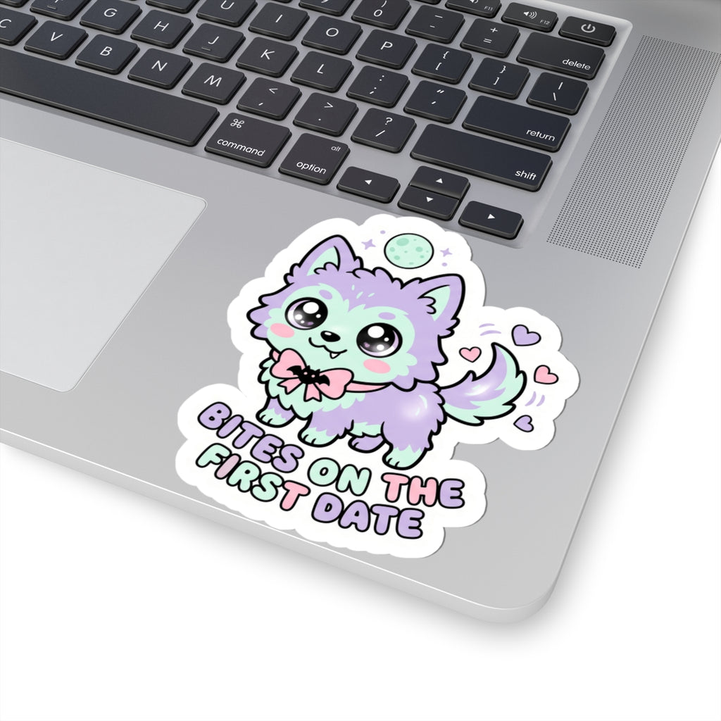 Kawaii wolf kiss-cut sticker with mint fur, curled tail, hearts, and "BITES ON THE FIRST DATE"