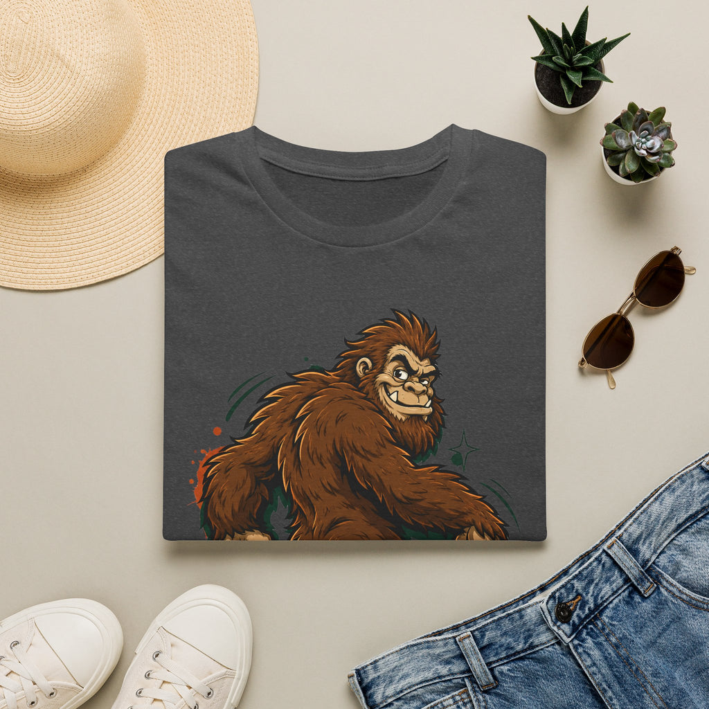 Charcoal gray crewneck T-shirt with brown smirking sasquatch graphic and star accents
