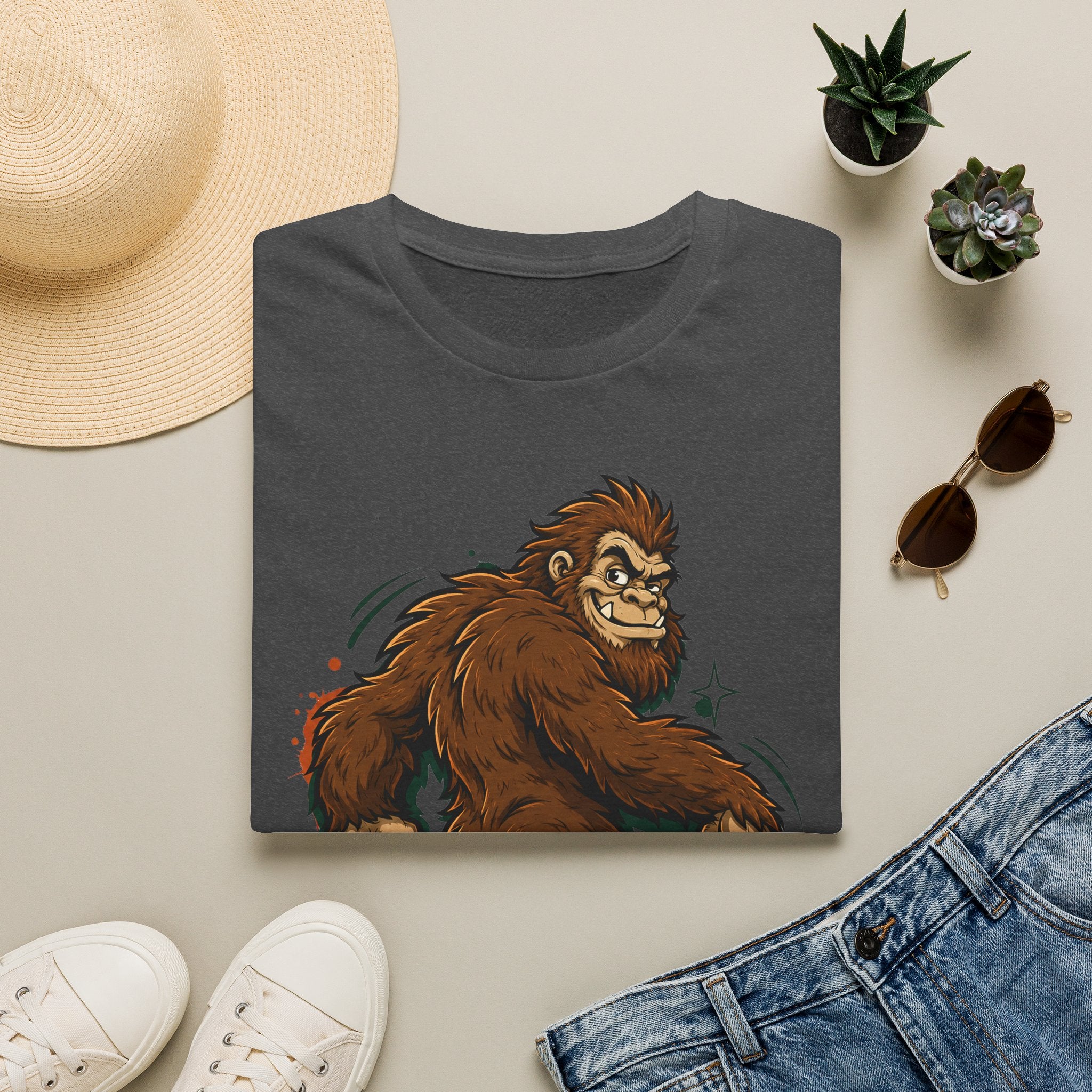 Charcoal gray crewneck T-shirt with brown smirking sasquatch graphic and star accents