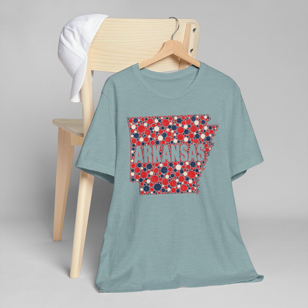 Light teal T-shirt with red and blue floral dot Arkansas outline graphic