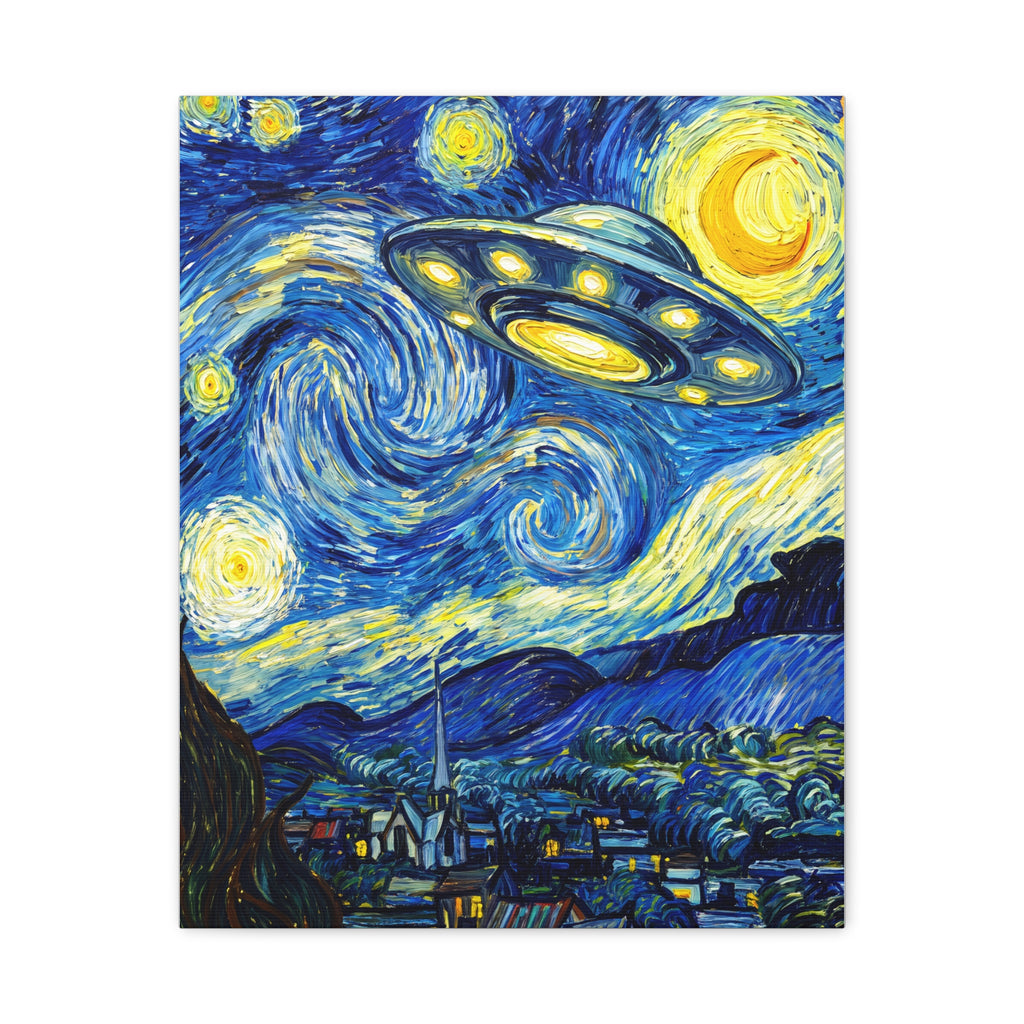 Starry UFO canvas wall art close-up of glowing UFO with blue spiral clouds