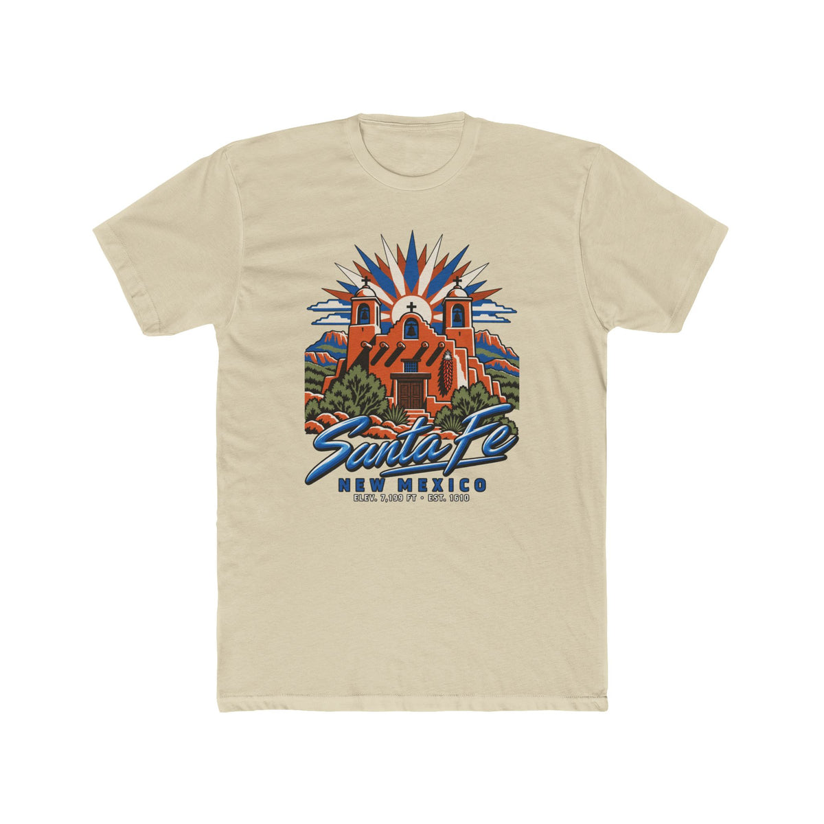 Cream T-shirt with colorful Santa Fe New Mexico pueblo illustration graphic