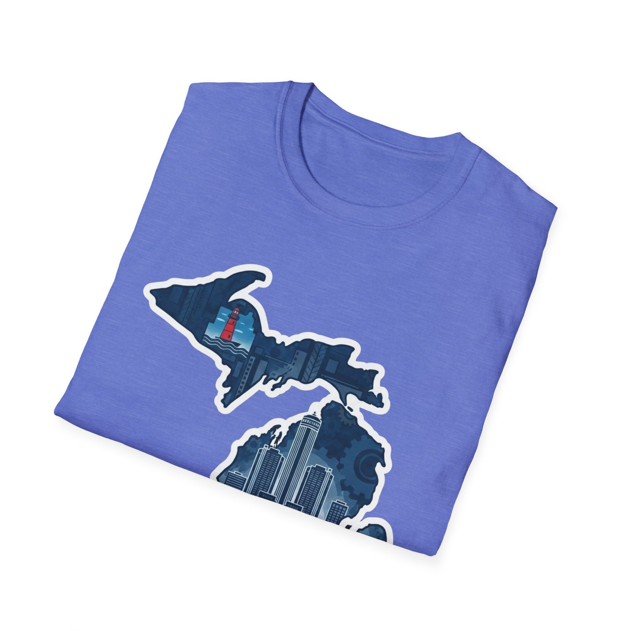 Michigan map graphic T-shirt in lavender with state skyline graphic