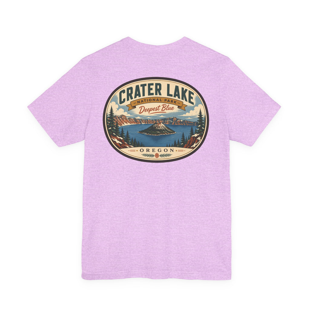 Lavender Crater Lake National Park T-shirt with large center round landscape graphic