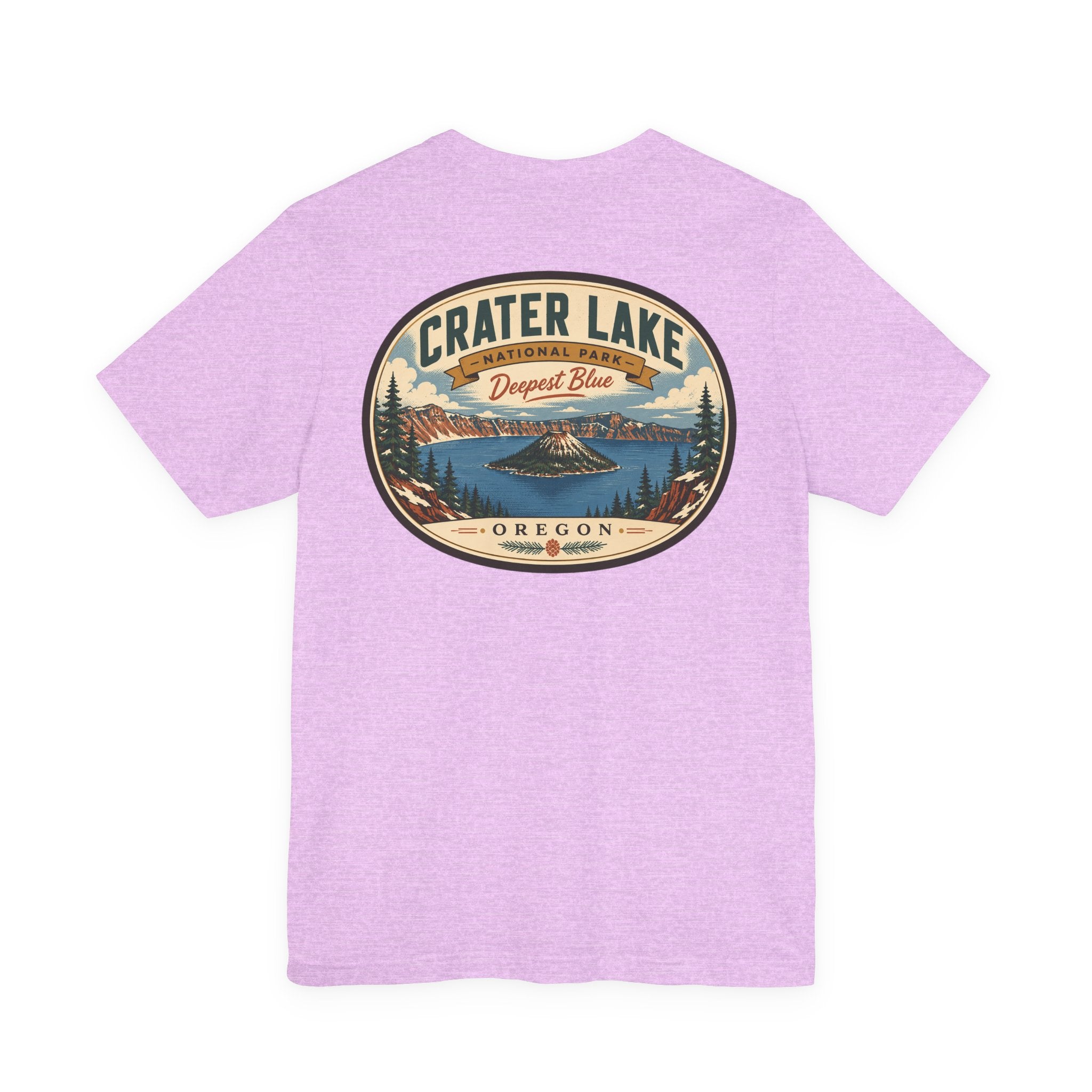 Lavender Crater Lake National Park T-shirt with large center round landscape graphic