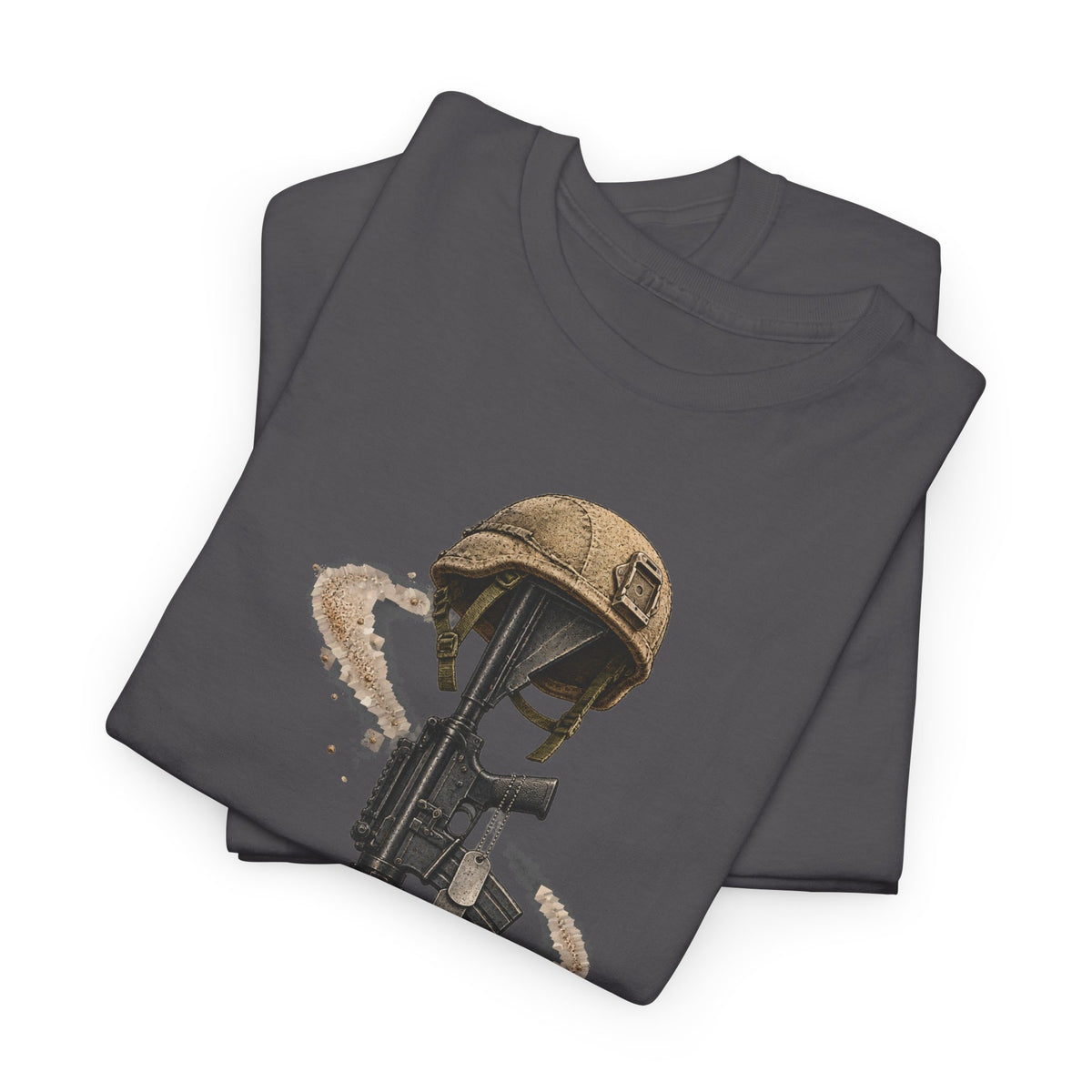 Charcoal crew-neck T-shirt with helmeted soldier graphic on front