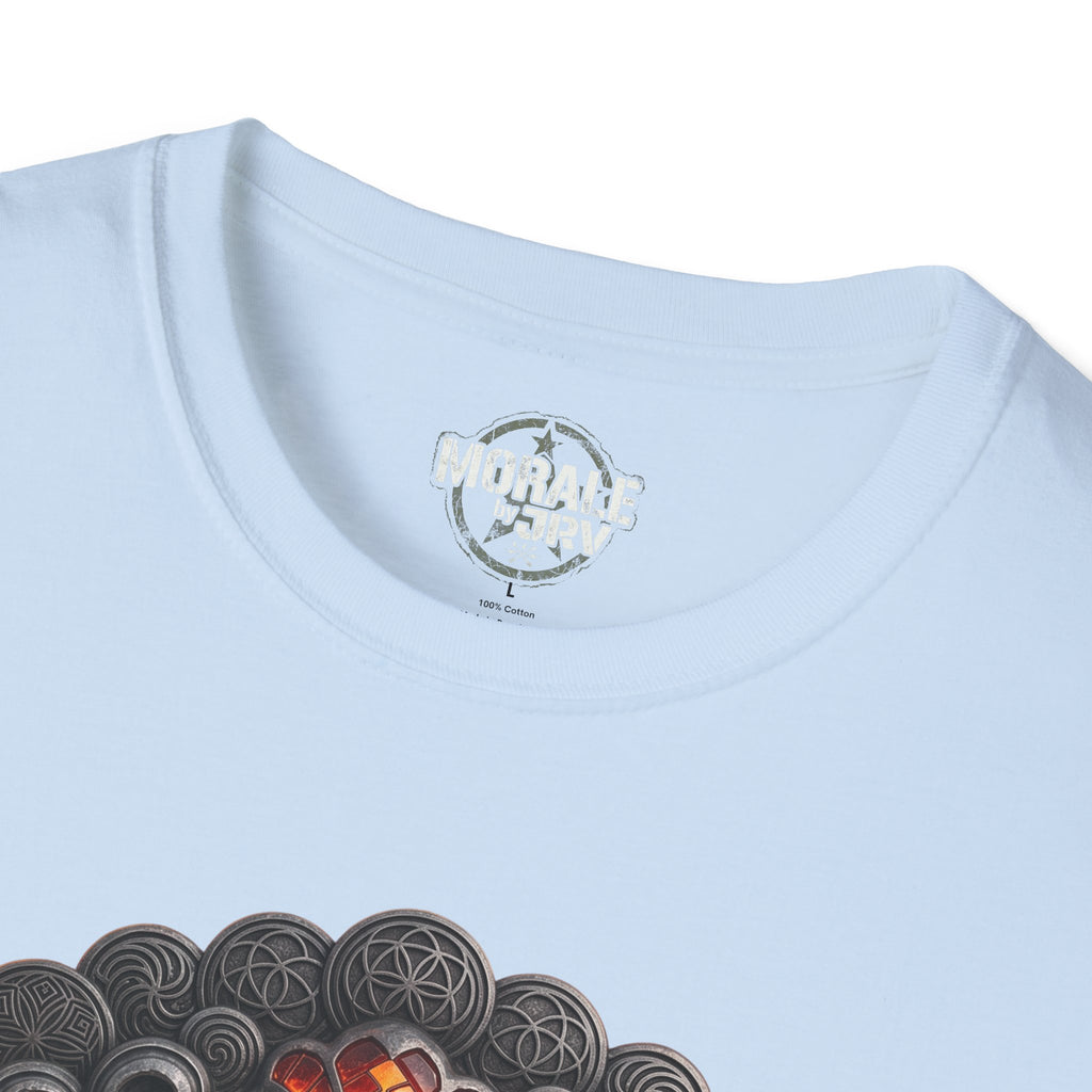 Light blue T-shirt neck label with partial swirl and volcano graphic detail.