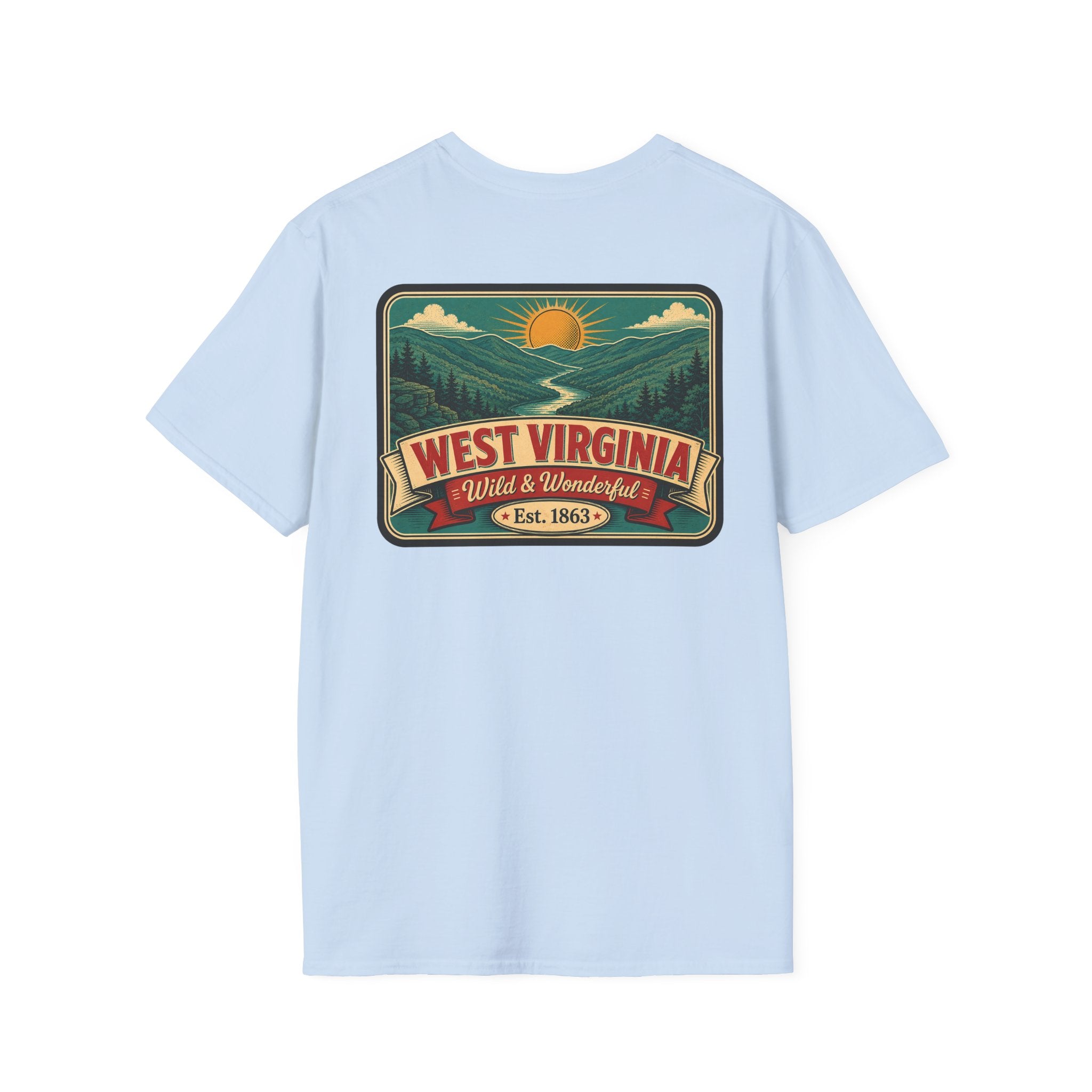 Light blue West Virginia “Wild & Wonderful” graphic t-shirt, Est. 1863 badge.