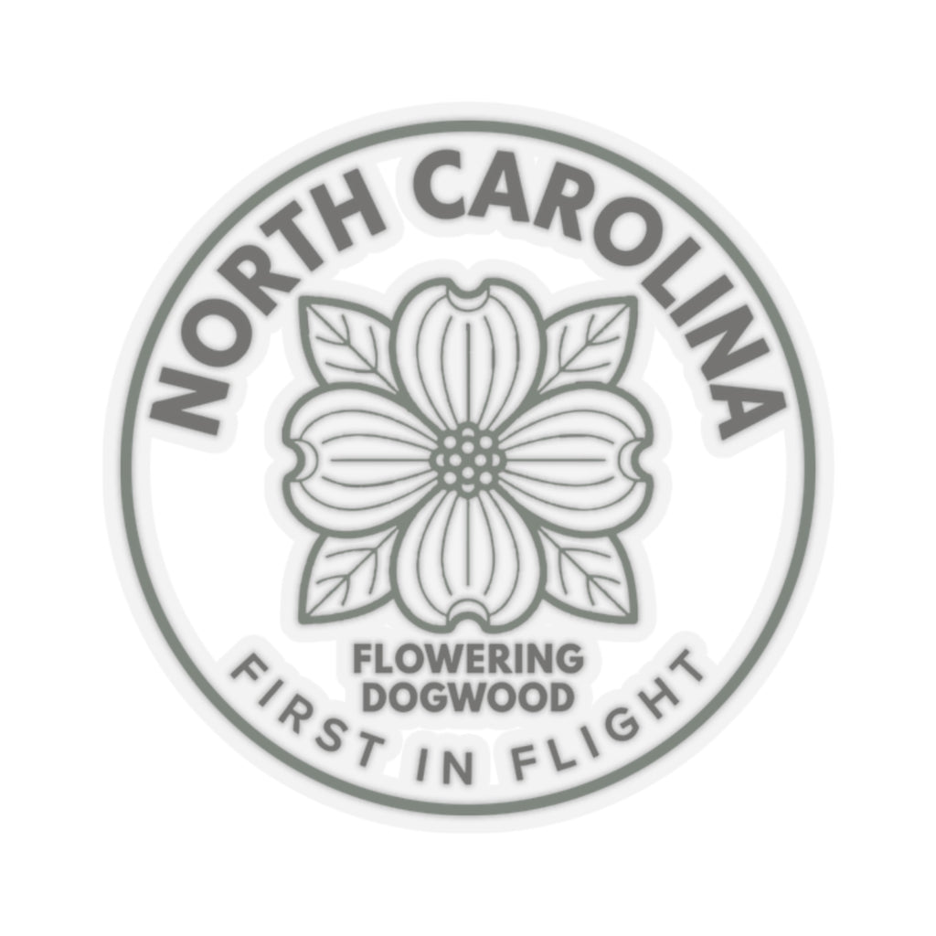Round North Carolina dogwood state flower sticker with gray floral seal on clear vinyl