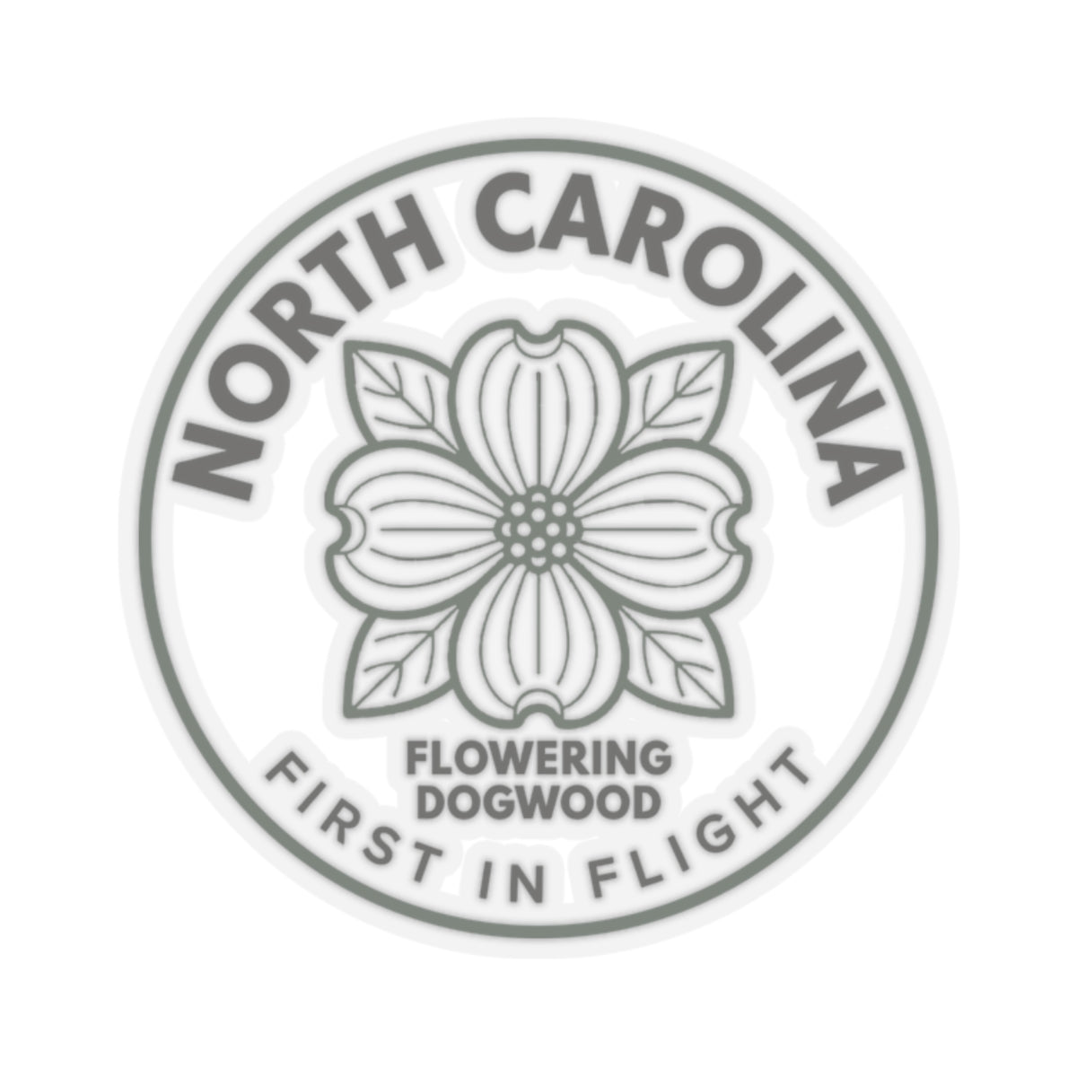 Round North Carolina dogwood state flower sticker with gray floral seal on clear vinyl