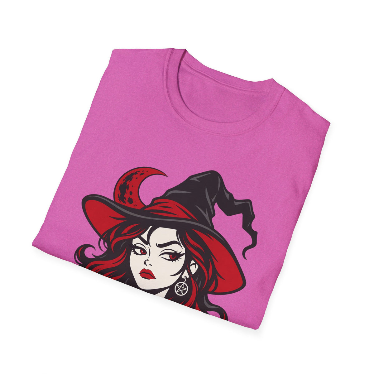 Purple crew-neck T-shirt with witch face graphic and red hat