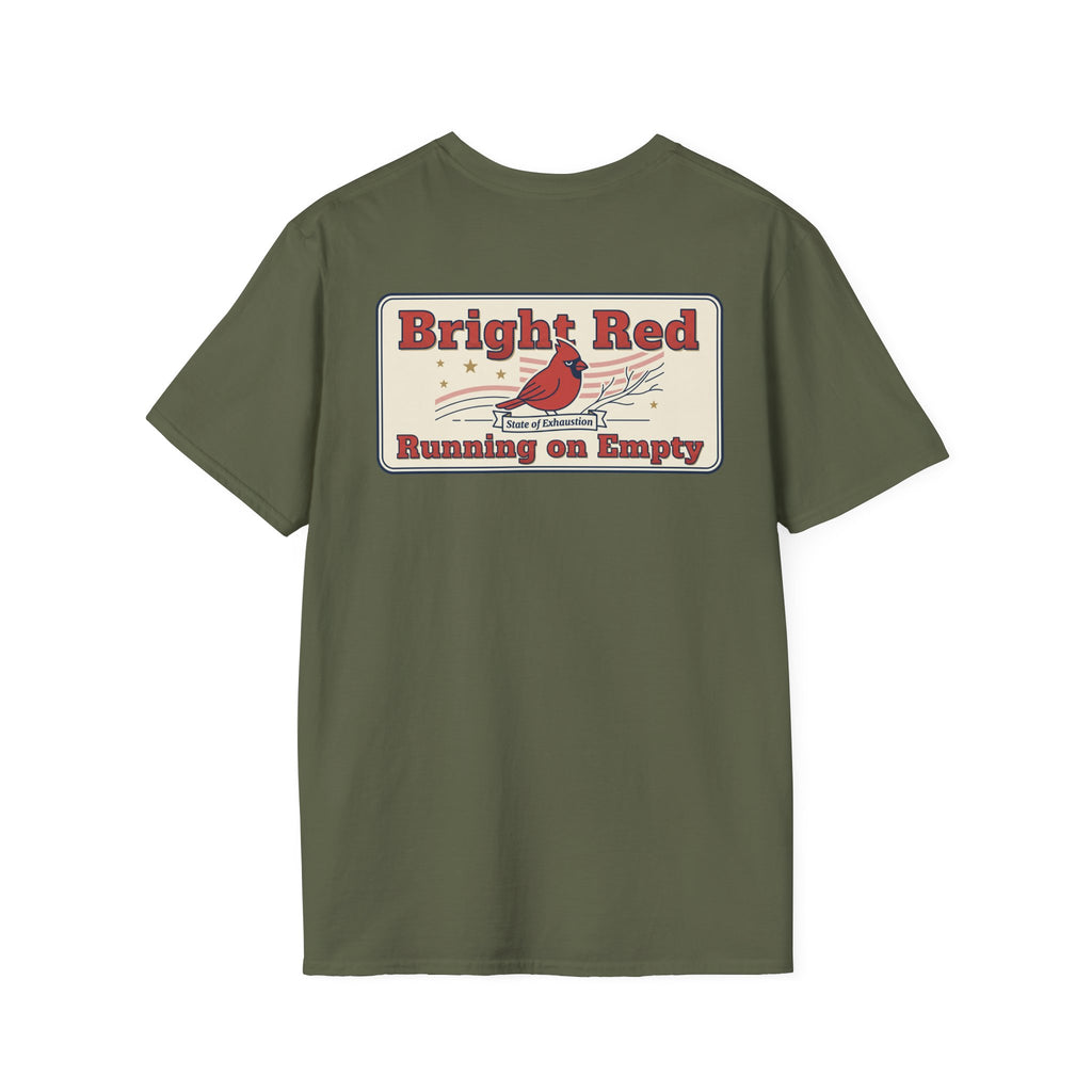 Olive unisex T-shirt with Bright Red back graphic and running on empty badge