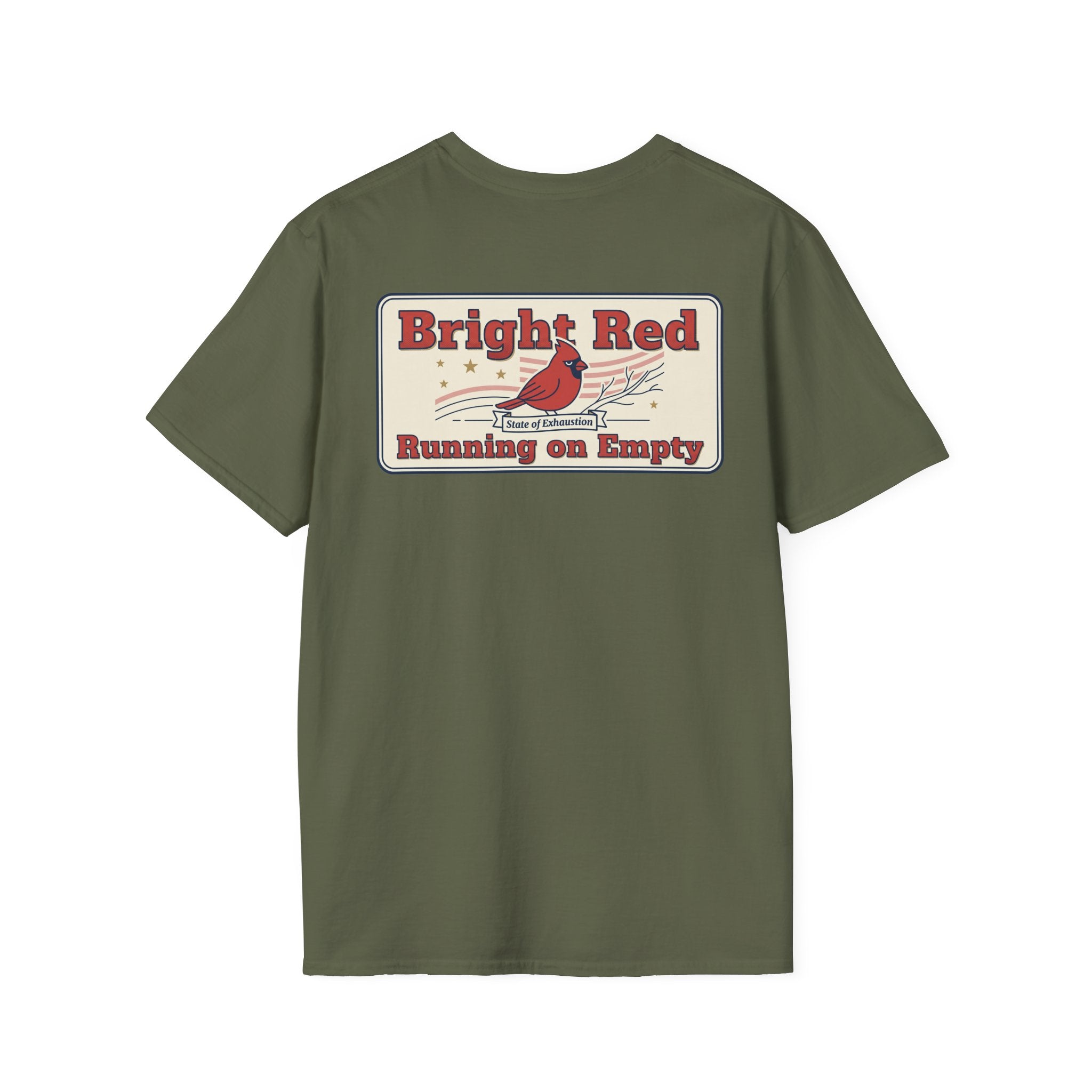 Olive unisex T-shirt with Bright Red back graphic and running on empty badge