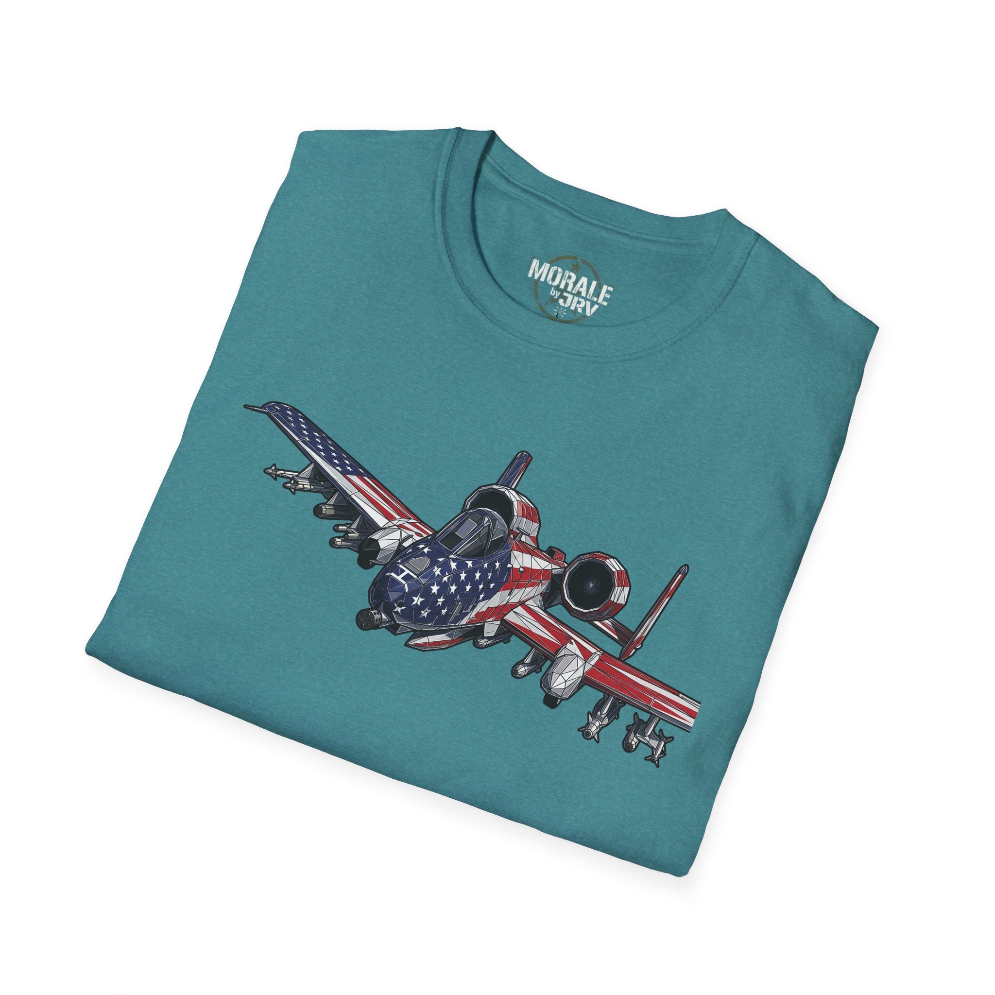 Heather Military Green A-10 Warthog T-shirt, jet graphic with U.S. flag
