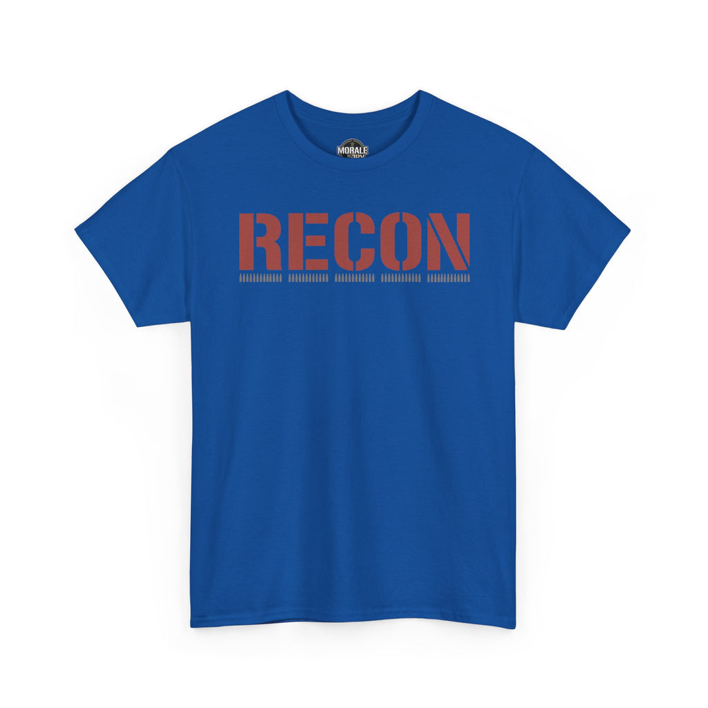 Blue T-shirt with RECON stencil graphic front