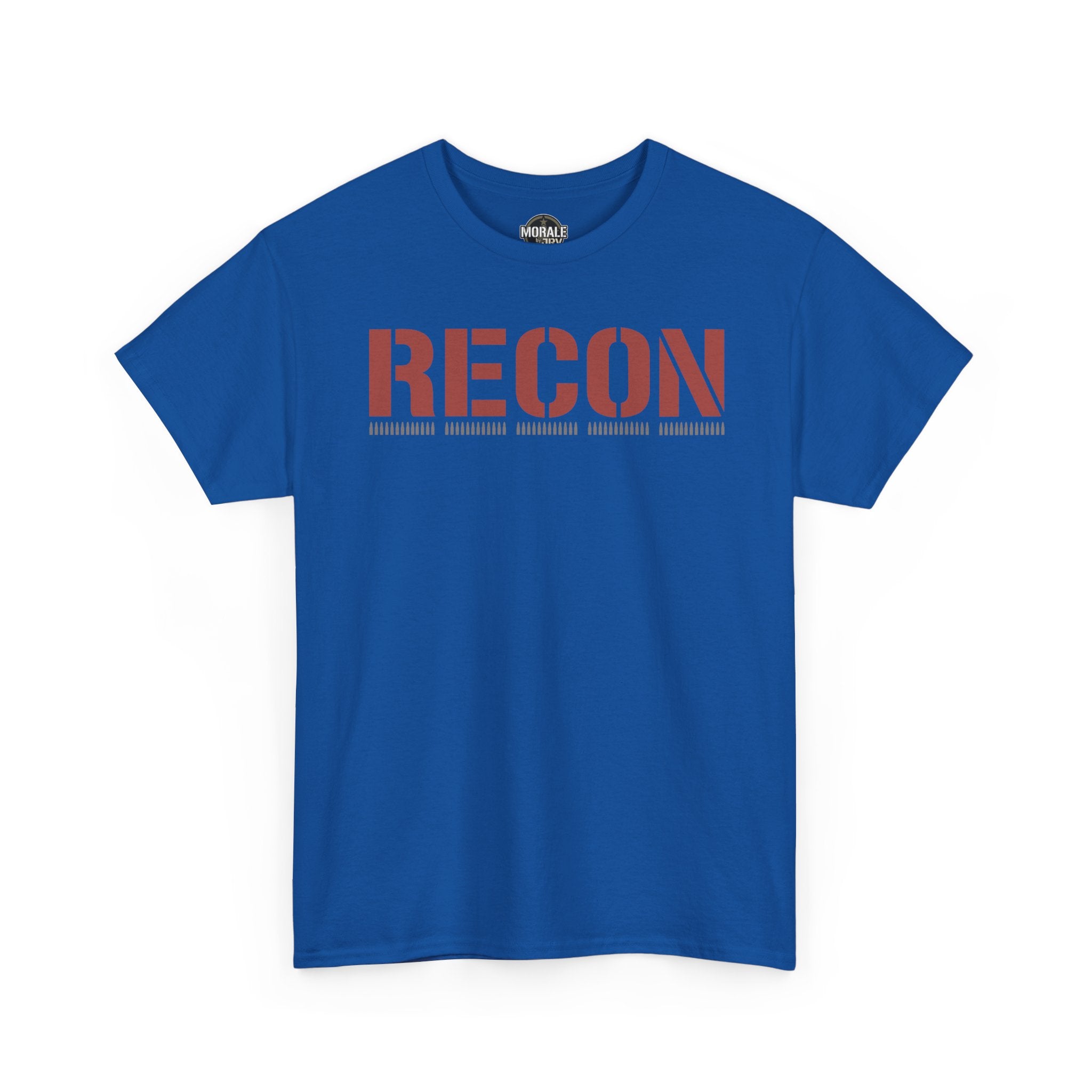 Blue T-shirt with RECON stencil graphic front
