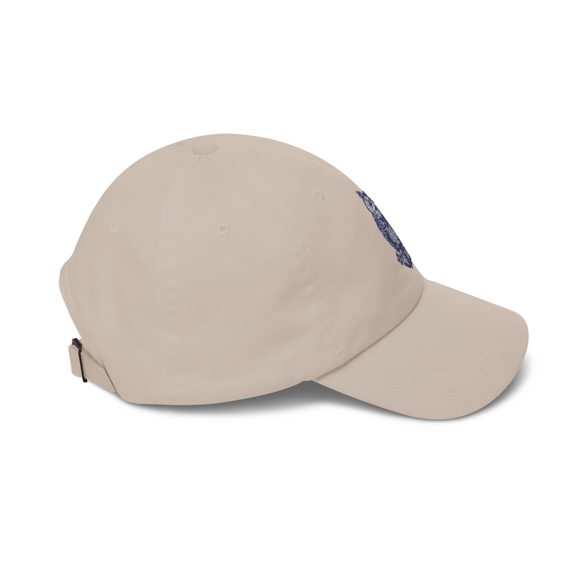 Khaki dad cap with embroidered owl patch, curved brim, rear strap