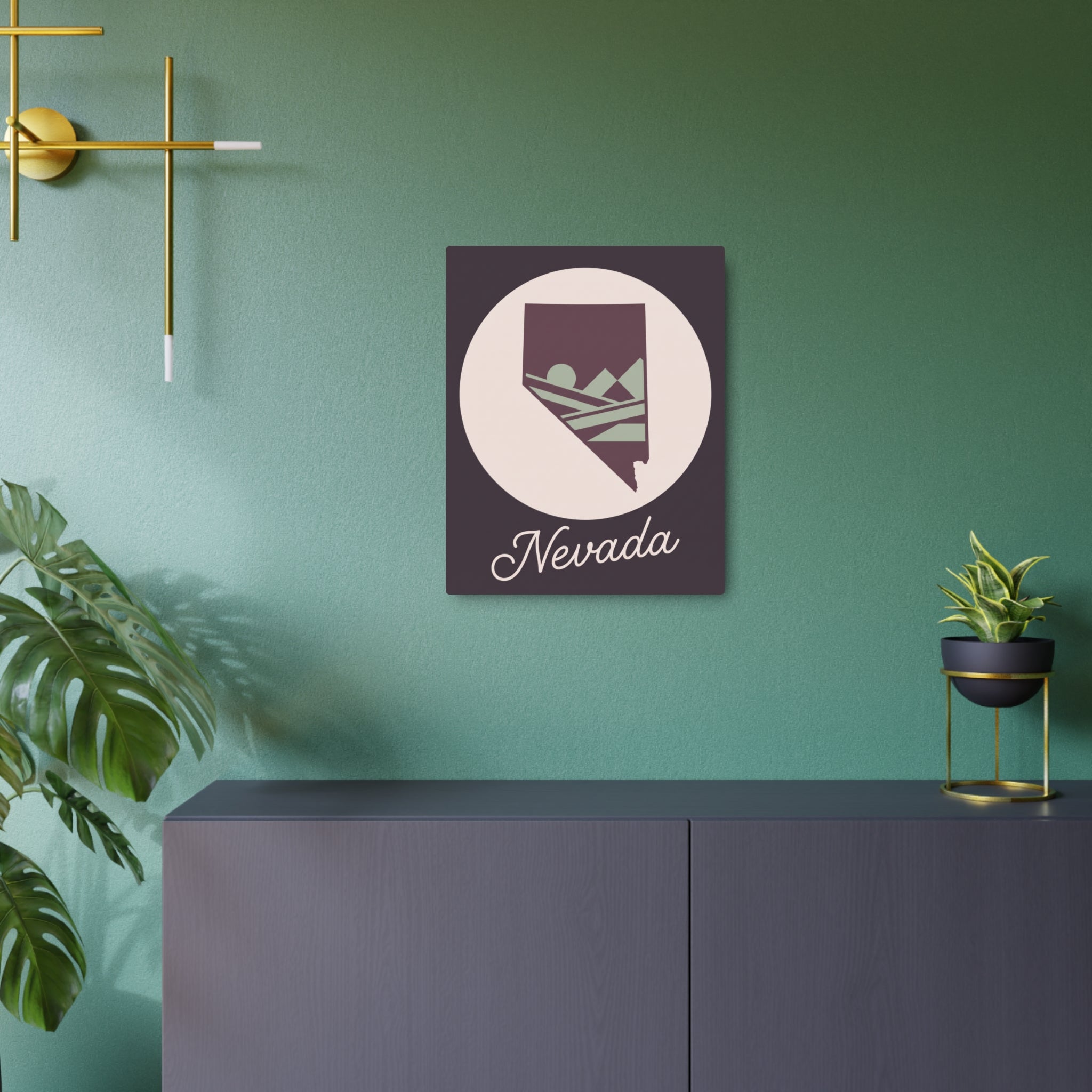 Mauve Nevada silhouette metal wall art sign with circular emblem and cursive Nevada lettering.