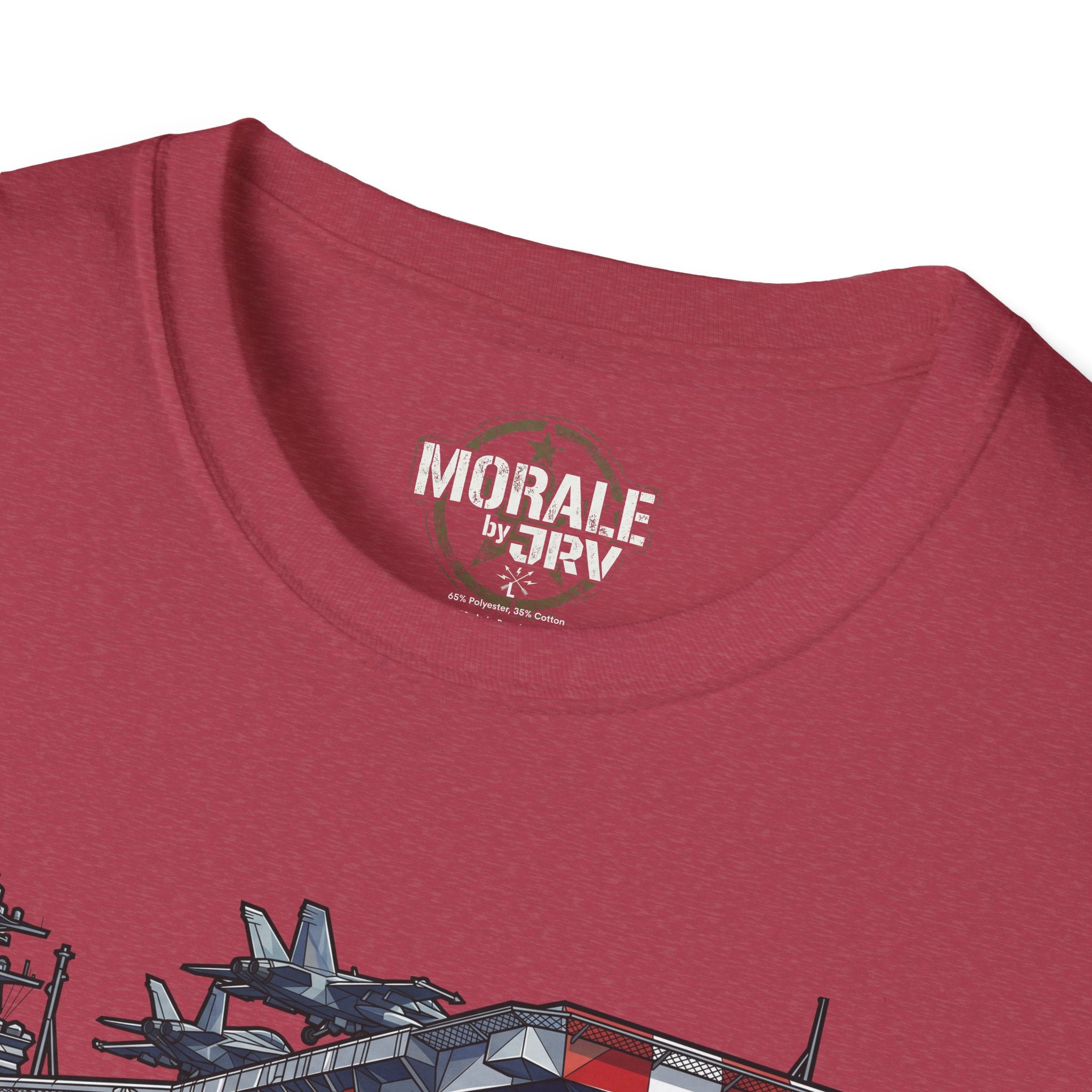 Maroon aircraft carrier T-shirt with 'MORALE by CTRL' neck logo and jet graphic