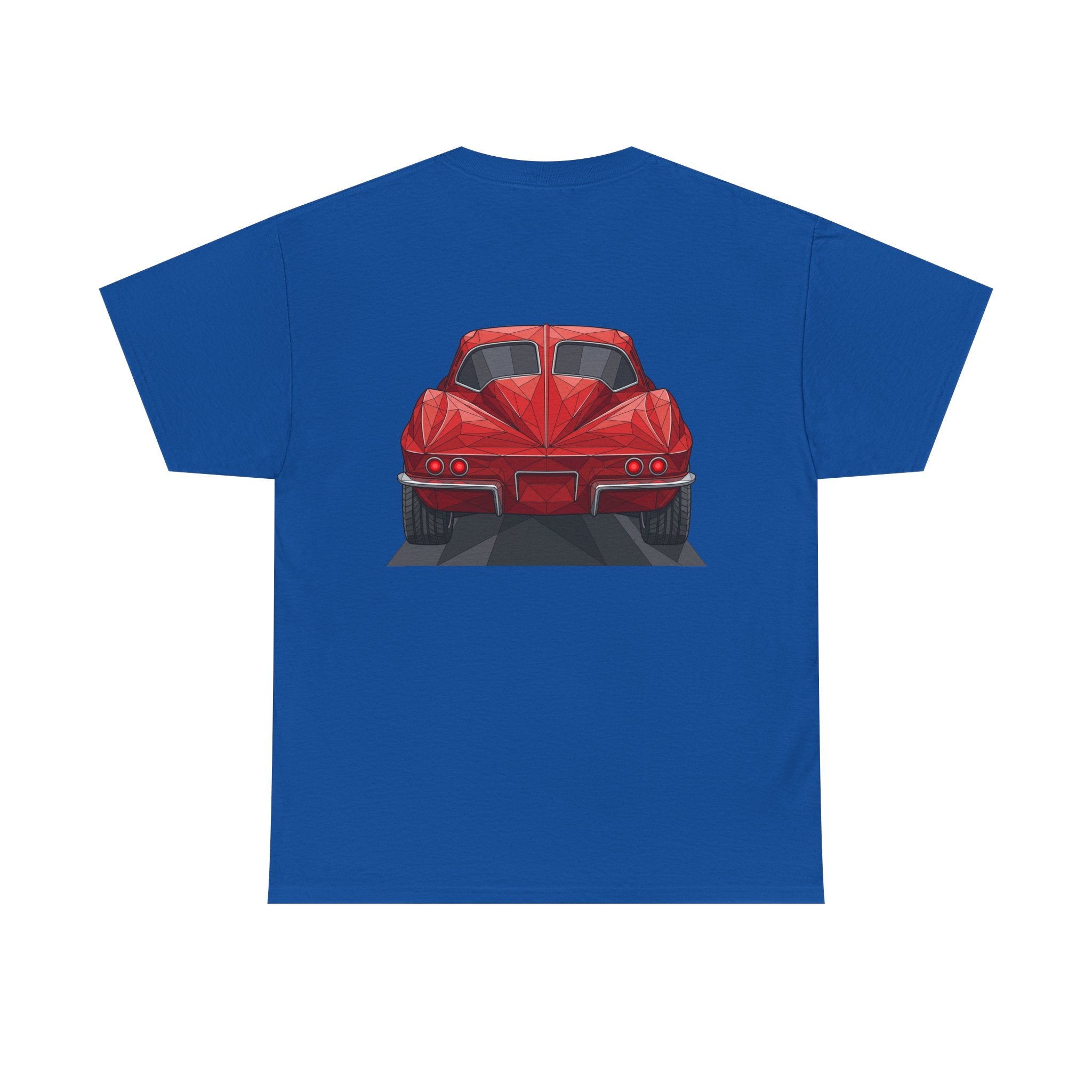 Blue T-shirt with red sports coupe graphic on the front