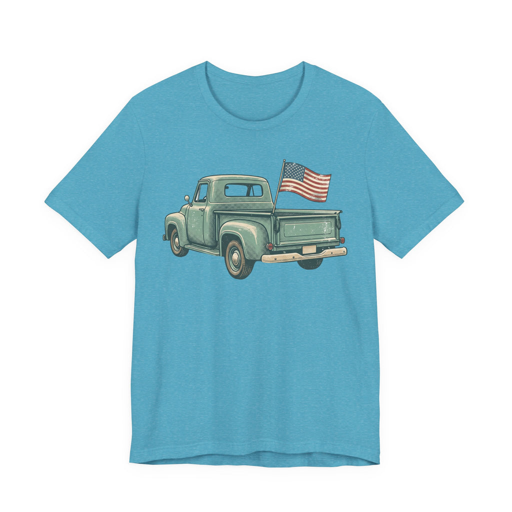 Blue pickup truck graphic T-shirt with small American flag