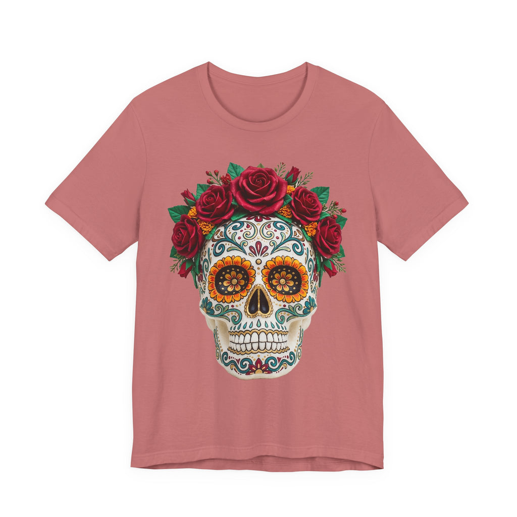 Rose-pink T-shirt with sugar skull and red rose crown graphic