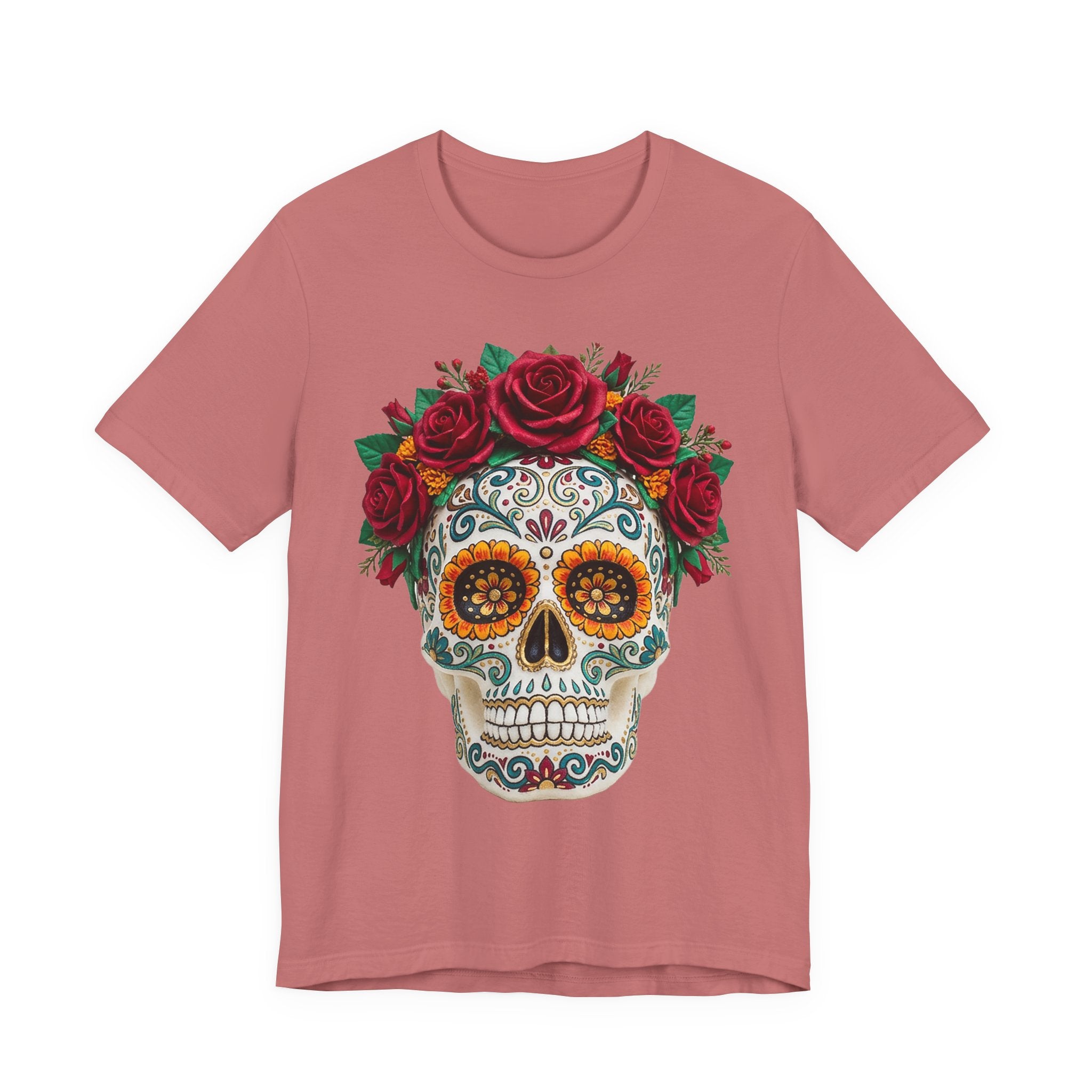 Rose-pink T-shirt with sugar skull and red rose crown graphic