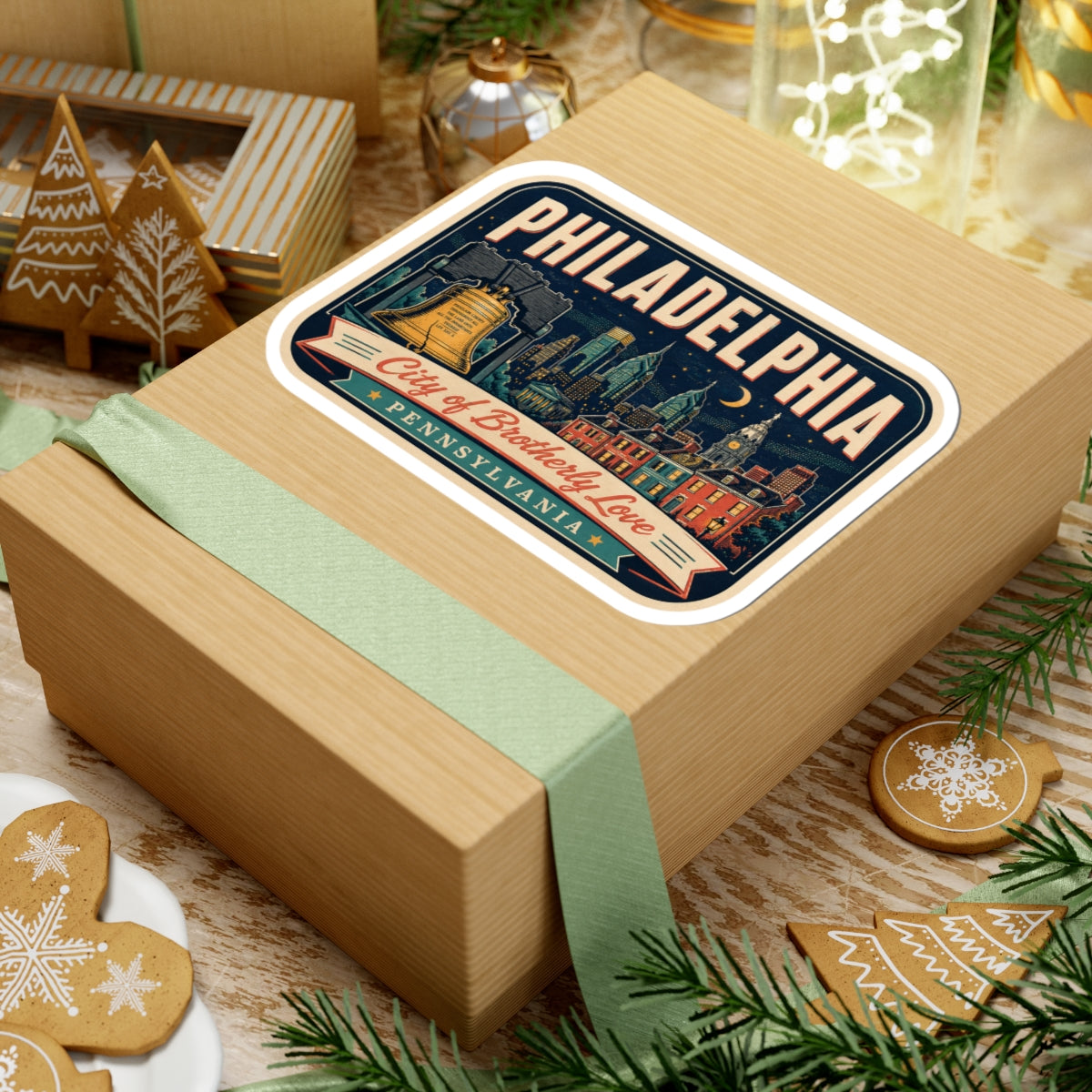 Retro luggage tag sticker featuring Philadelphia, skyline artwork, and Pennsylvania text strip