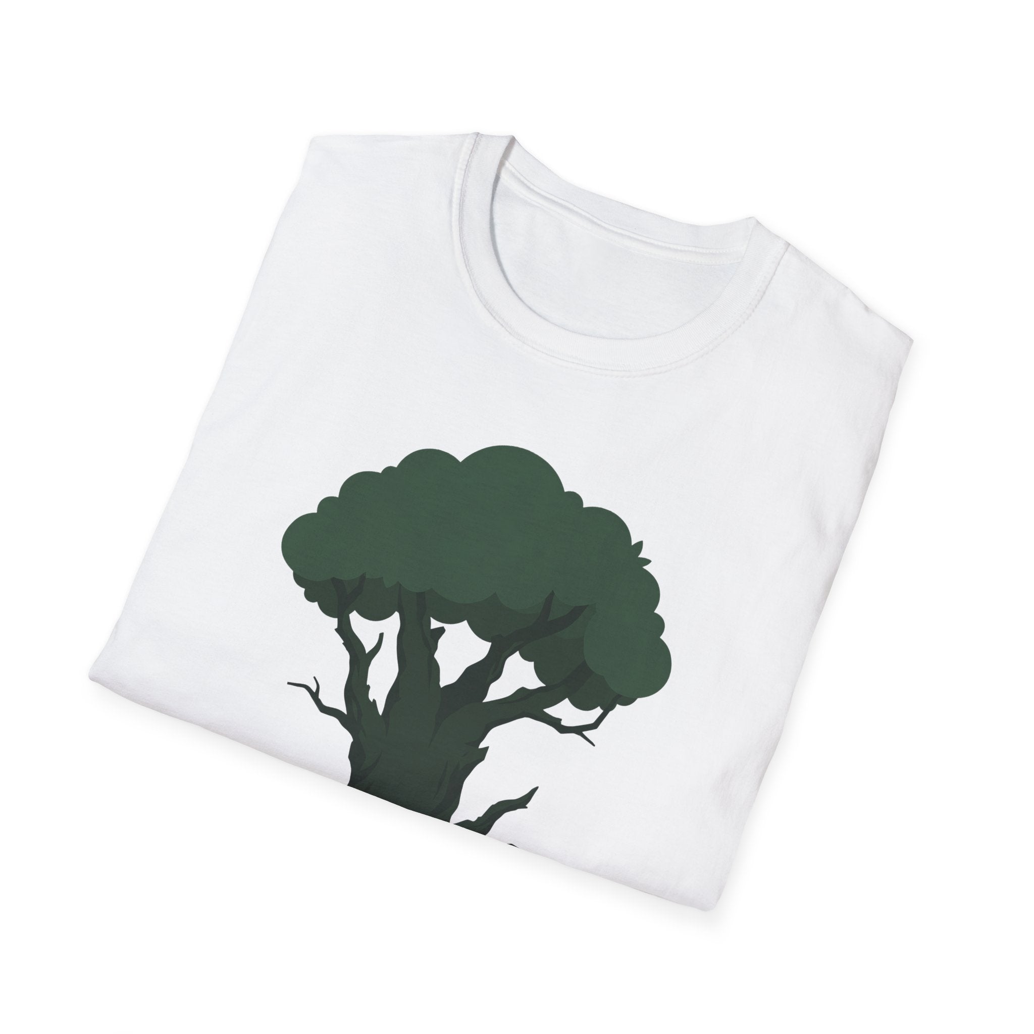 White crewneck T-shirt with large green tree silhouette graphic on the front