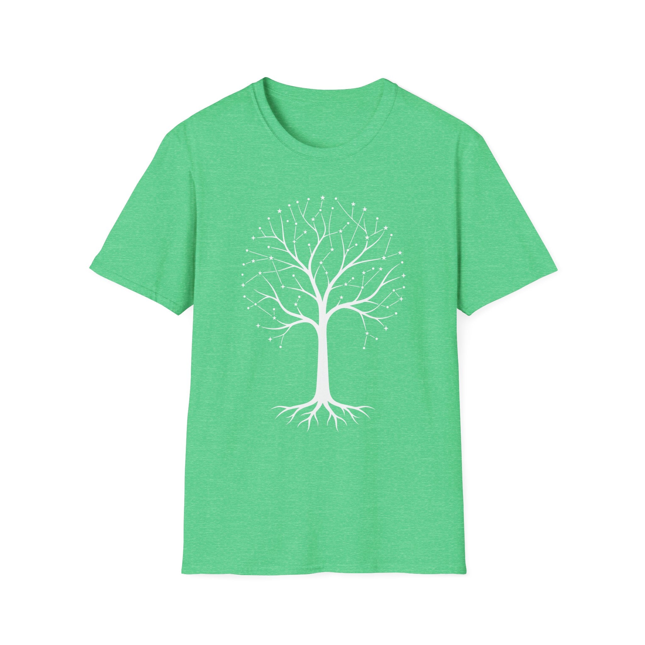 Camiseta verde brillante con árbol de la vida en constelación y raíces botánicas blancas