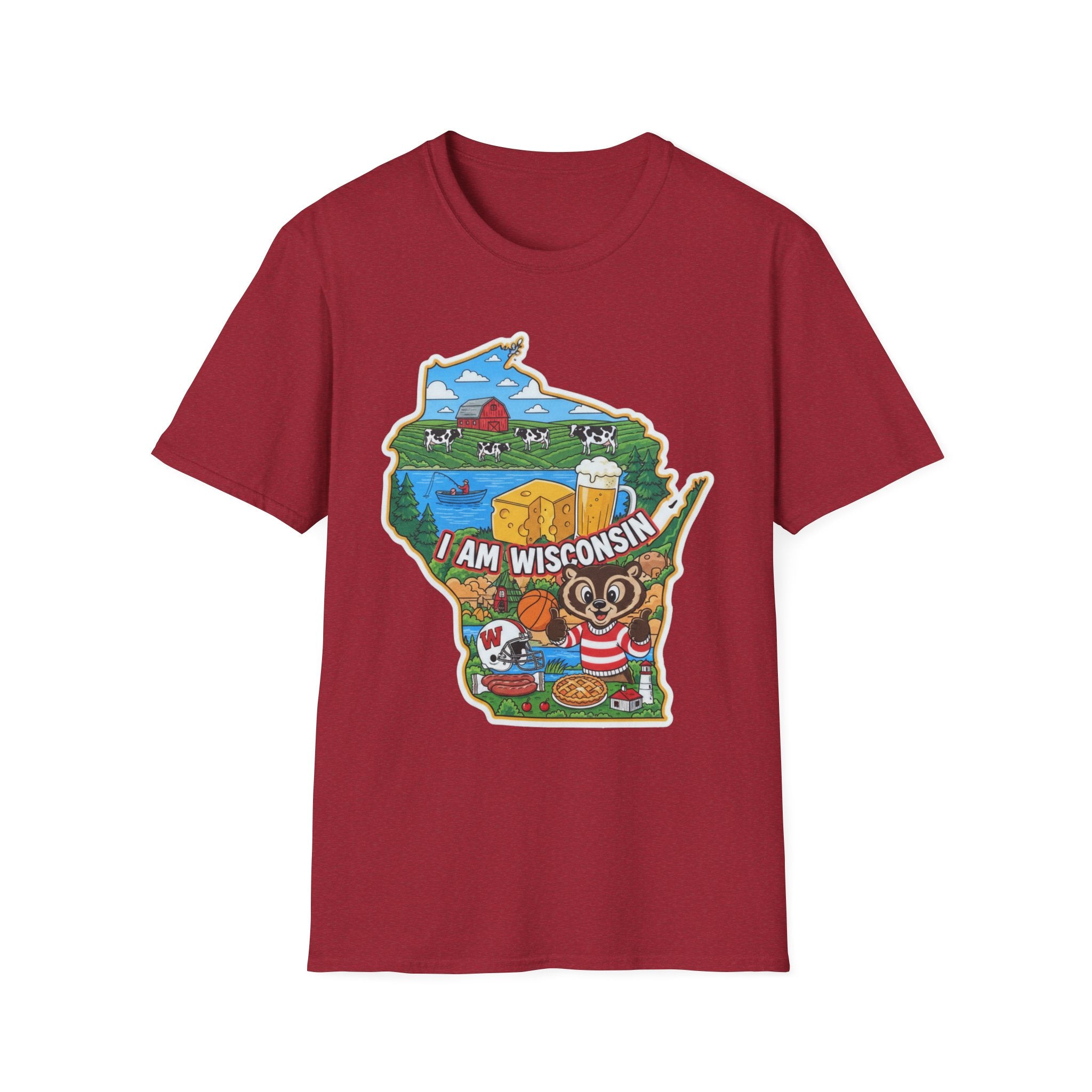 I Am Wisconsin T-Shirt, red, centered front print with cheese and dairy theme