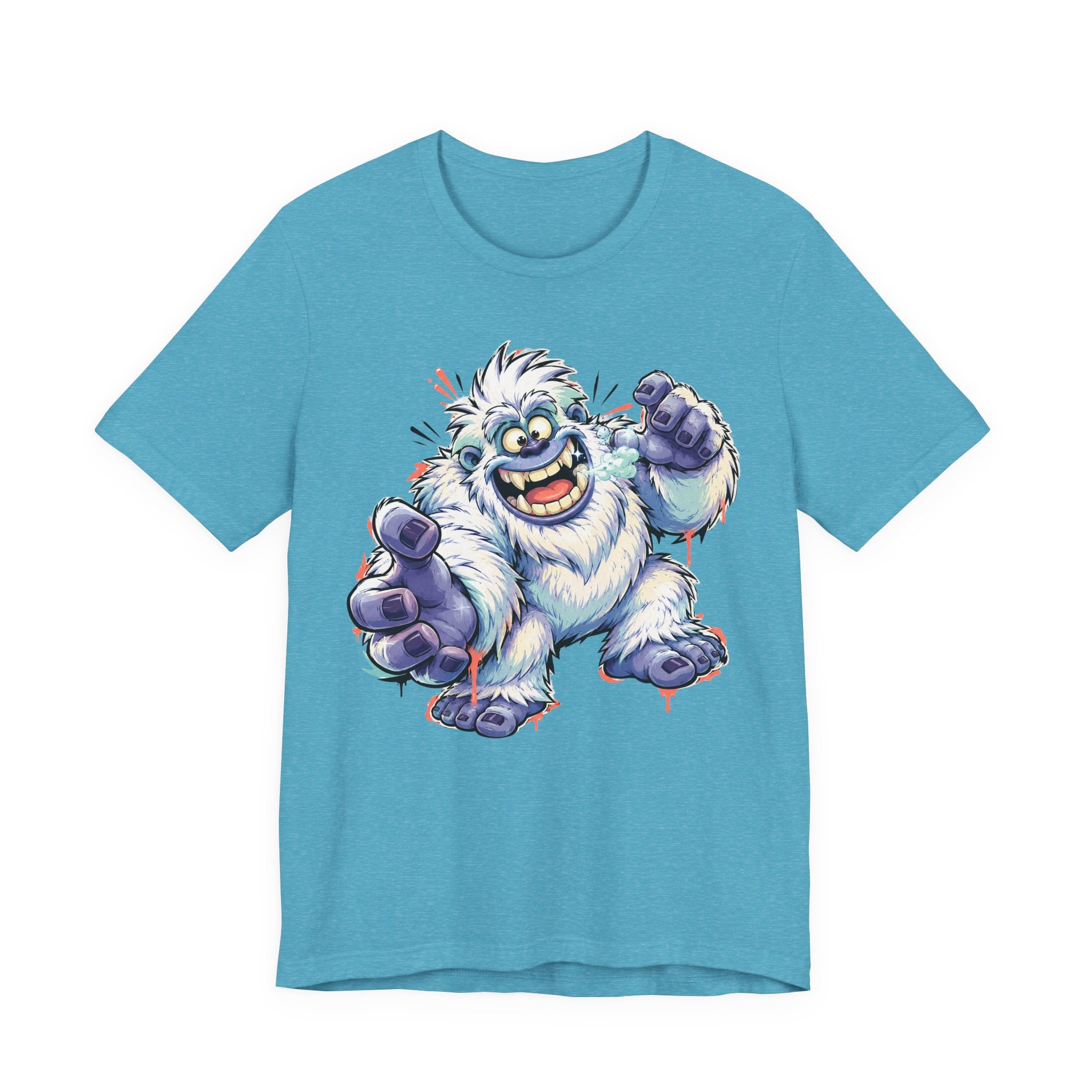 Teal monster t-shirt with cartoon yeti creature graphic waving and grinning