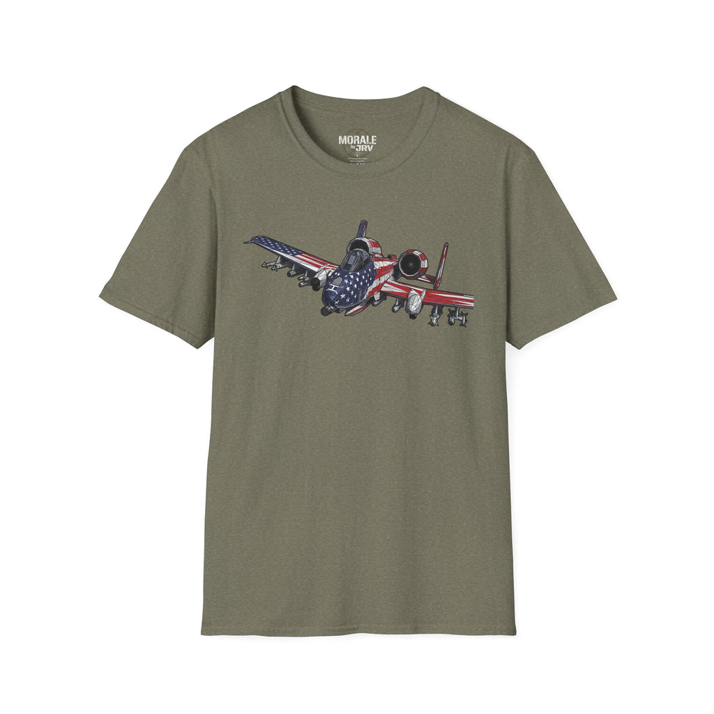 Heather military green A-10 Warthog T-shirt with American flag jet graphic