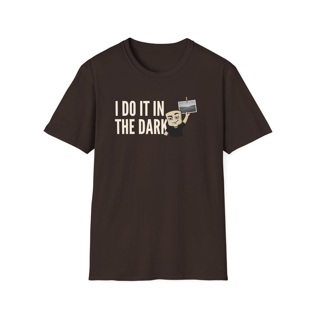 Dark brown T-shirt with “I DO IT IN THE DARK” camera graphic on chest
