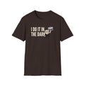 Dark brown T-shirt with “I DO IT IN THE DARK” camera graphic on chest