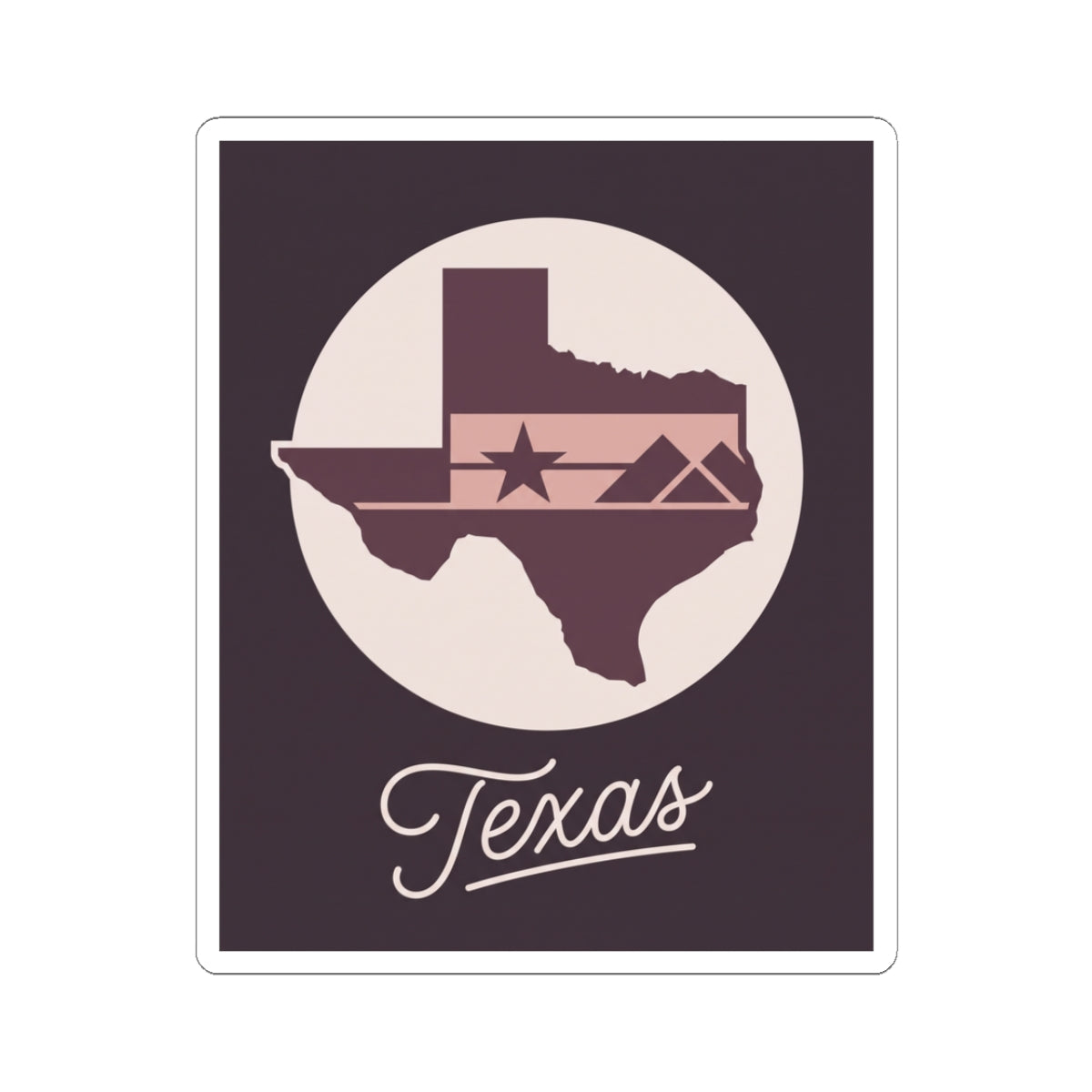 Texas state silhouette kiss-cut decal sticker with star and script "Texas" in dark square