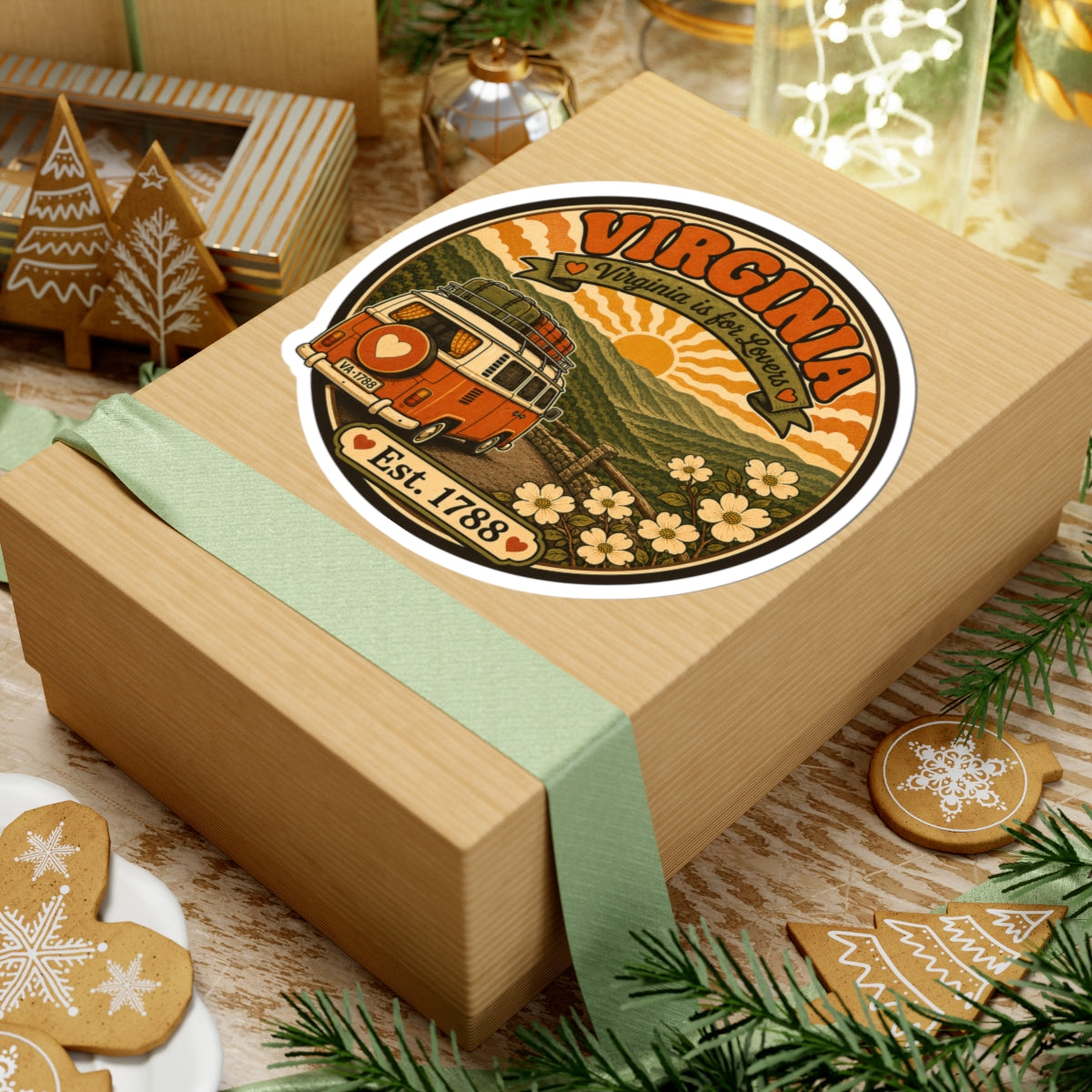Round van travel sticker with “Est. 1788” on a wood gift box with ribbon