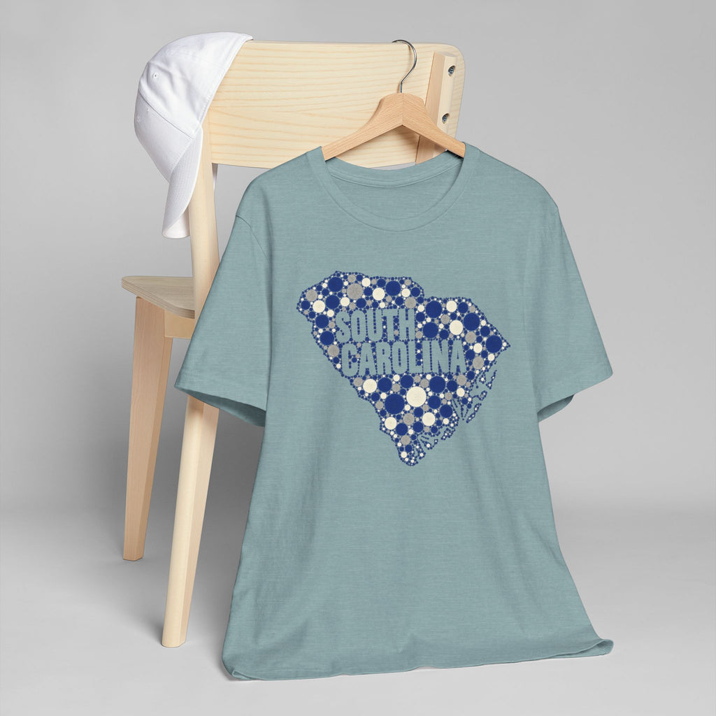 Teal South Carolina floral map graphic T-shirt with blue dotted outline and text