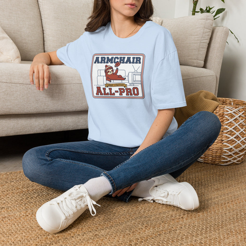 Light blue T-shirt with 'ARMCHAIR ALL-PRO' sports graphic