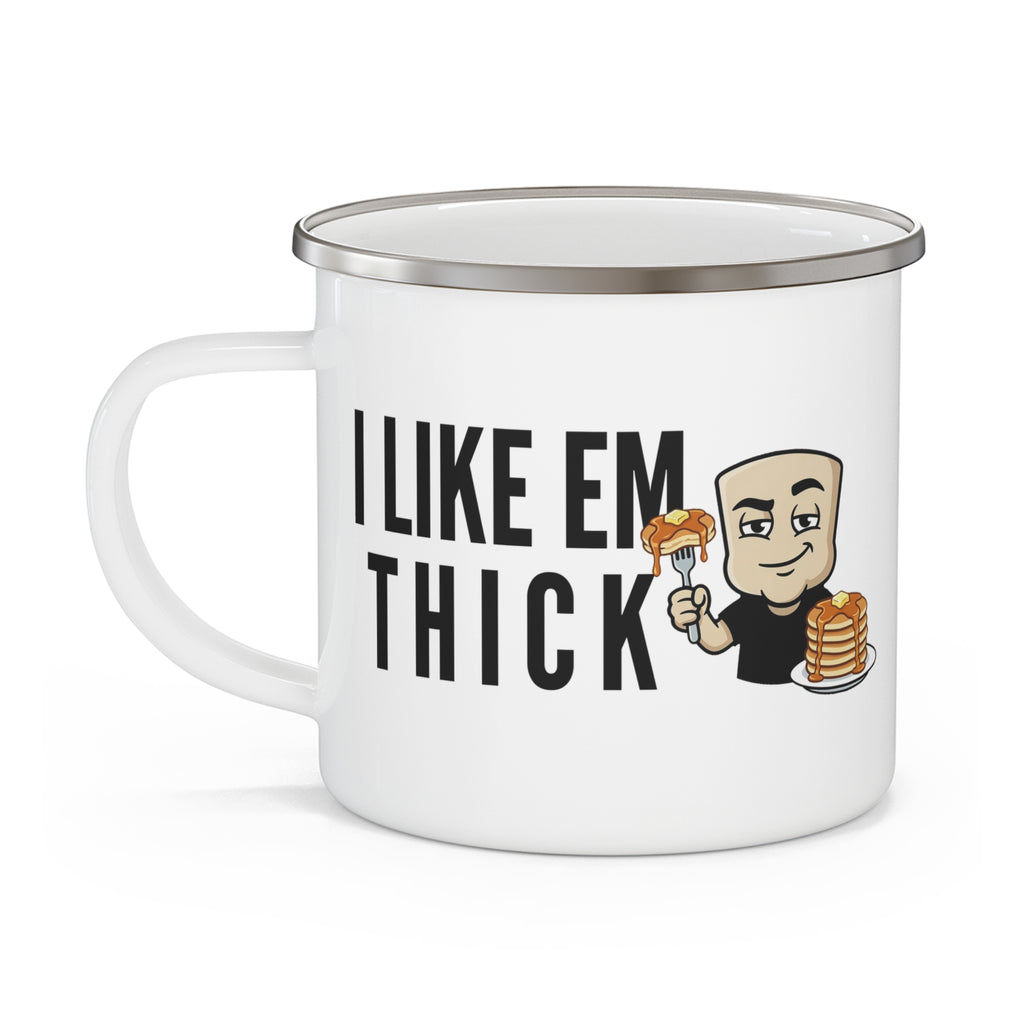 White ceramic mug with 'I LIKE EM THICK' text and cartoon pancake character
