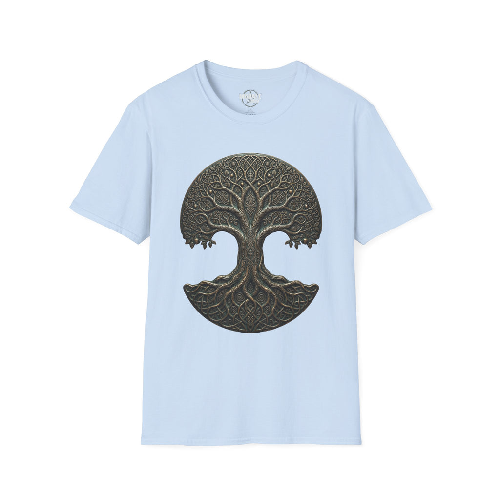 T-Shirt mit keltischem Baum-des-Lebens-Mandala-Print, dunkelgrün auf Light Blue