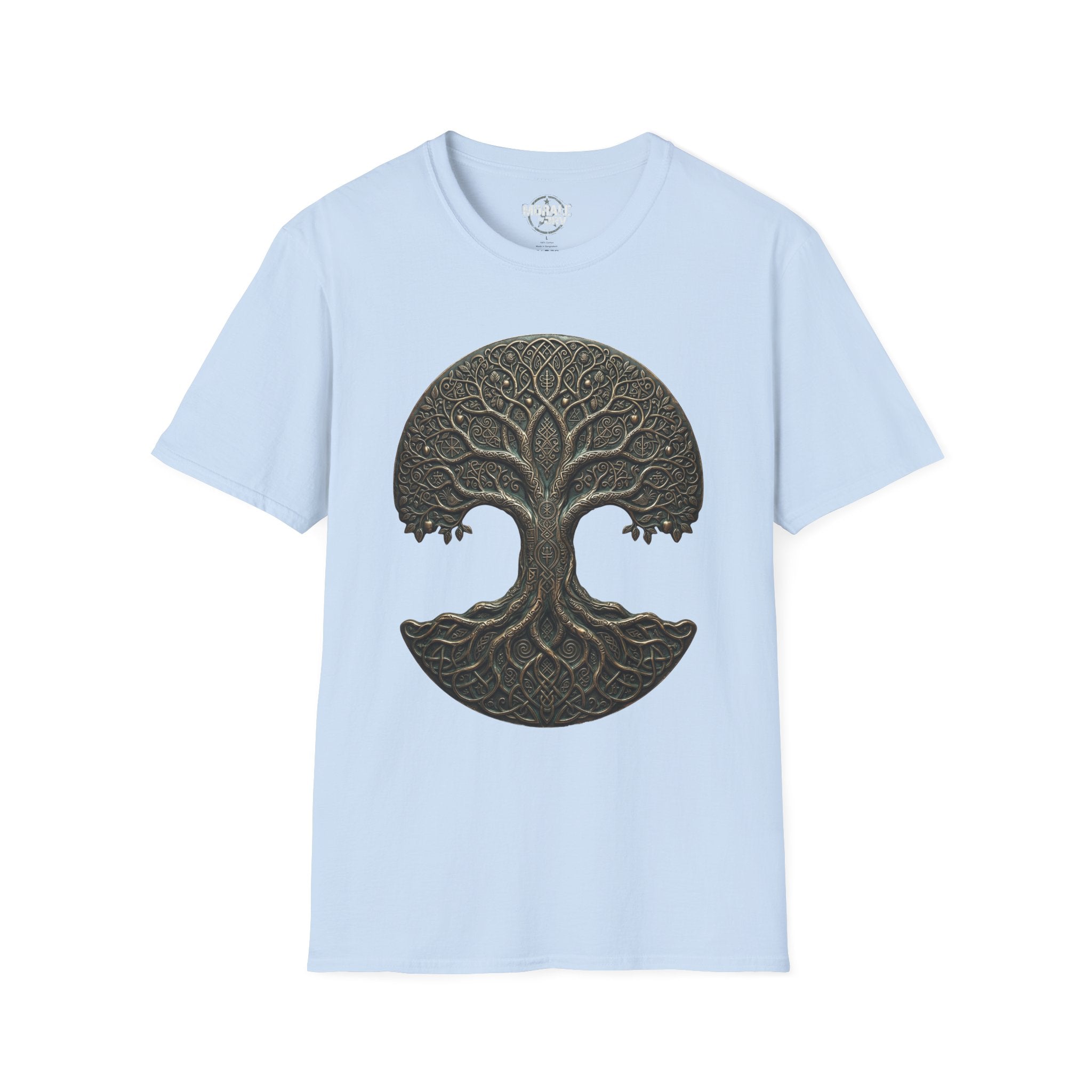 T-Shirt mit keltischem Baum-des-Lebens-Mandala-Print, dunkelgrün auf Light Blue