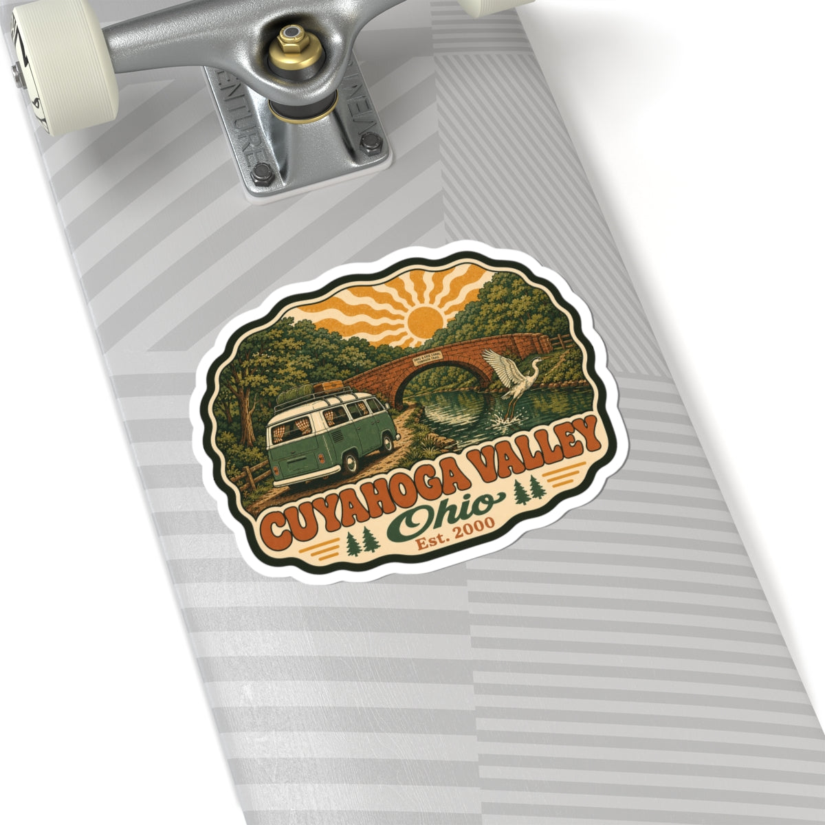 Cuyahoga Valley Ohio sticker with green van, arch bridge, wildlife, Est. 2000 and border