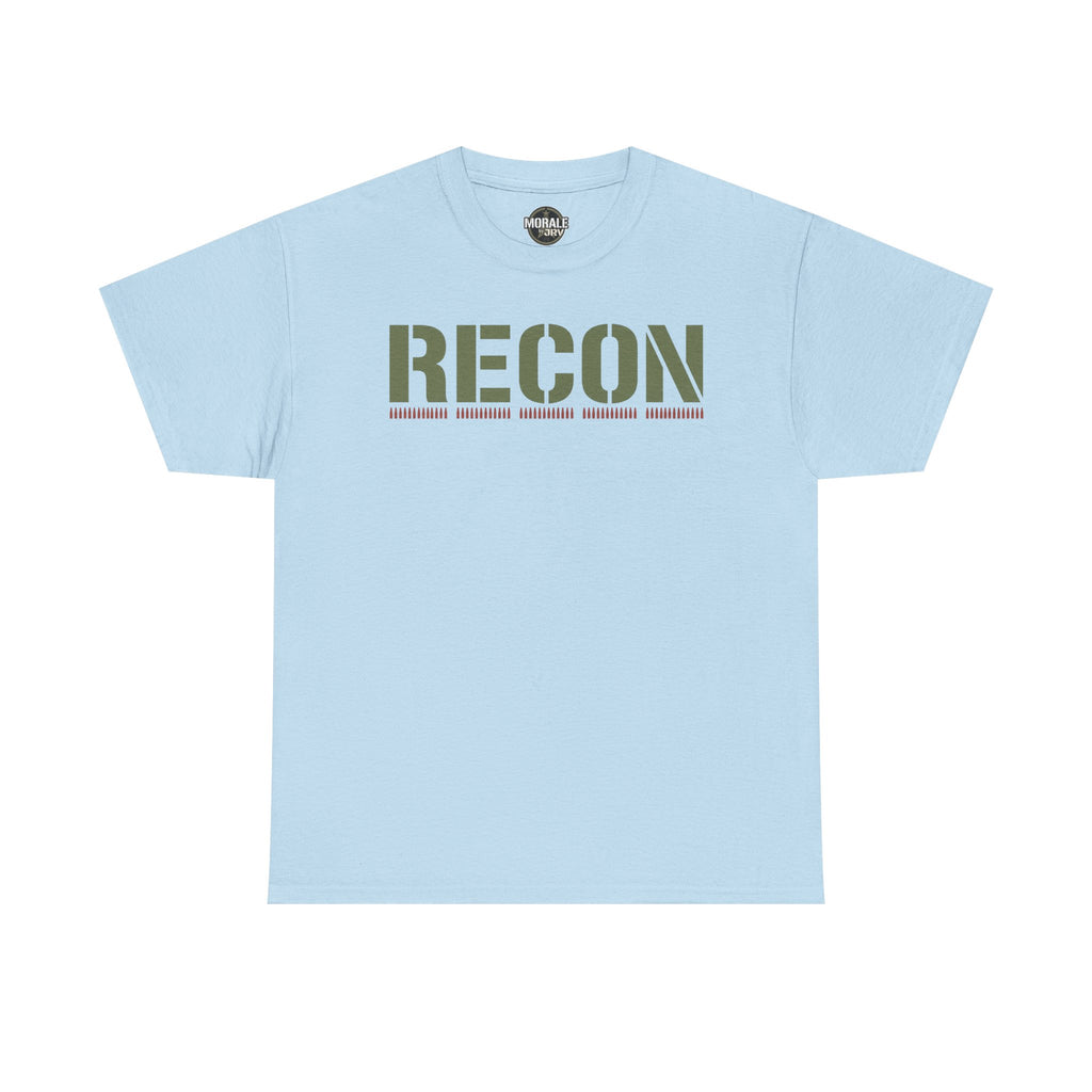 Light blue T-shirt with RECON stencil graphic and green camo-style lettering across chest