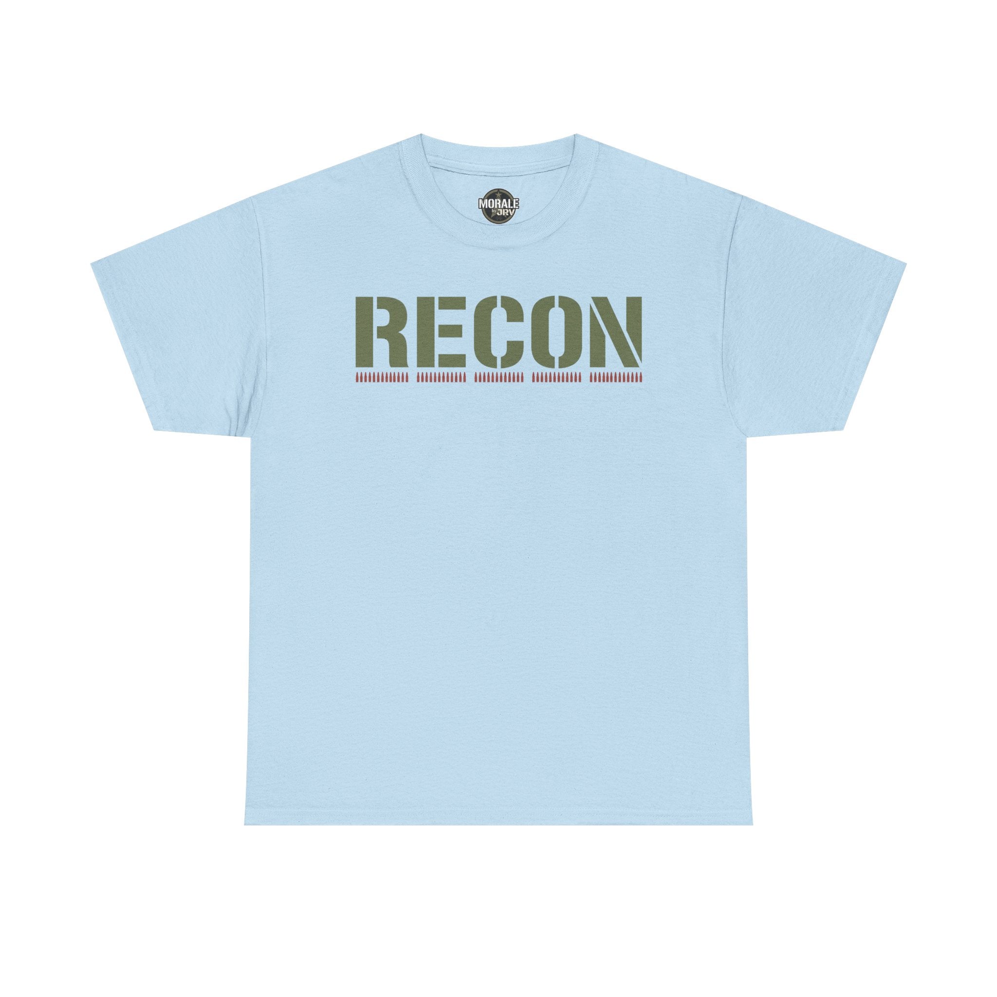 Light blue T-shirt with RECON stencil graphic and green camo-style lettering across chest