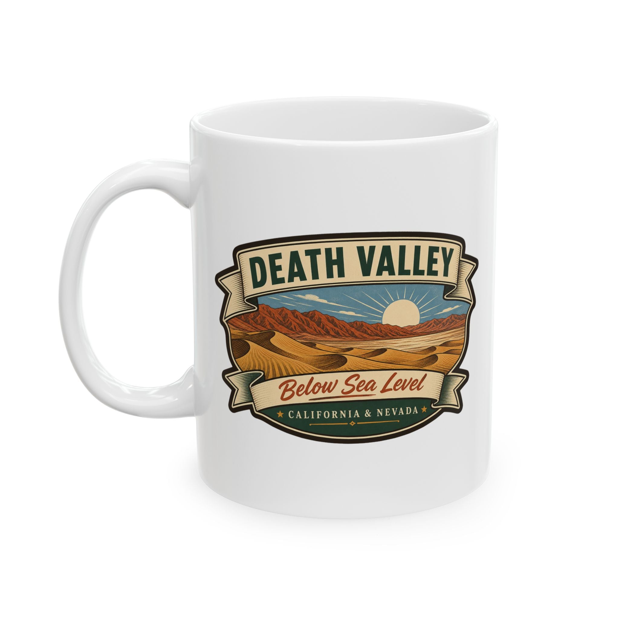 White ceramic mug with Death Valley graphic and desert landscape print on front