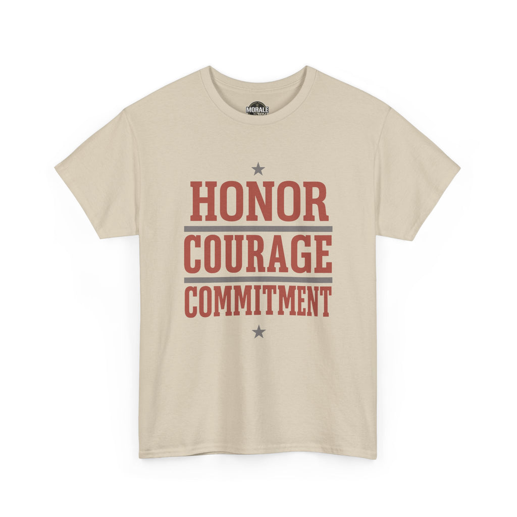 Sand unisex T-shirt with red “HONOR COURAGE COMMITMENT” text graphic and stars.