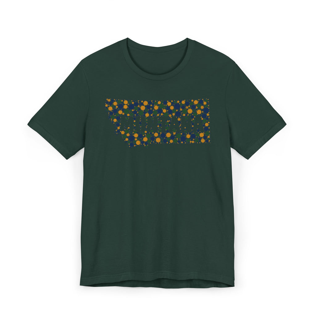Dark green crewneck t-shirt with “MONTANA” mosaic floral outline graphic on front.