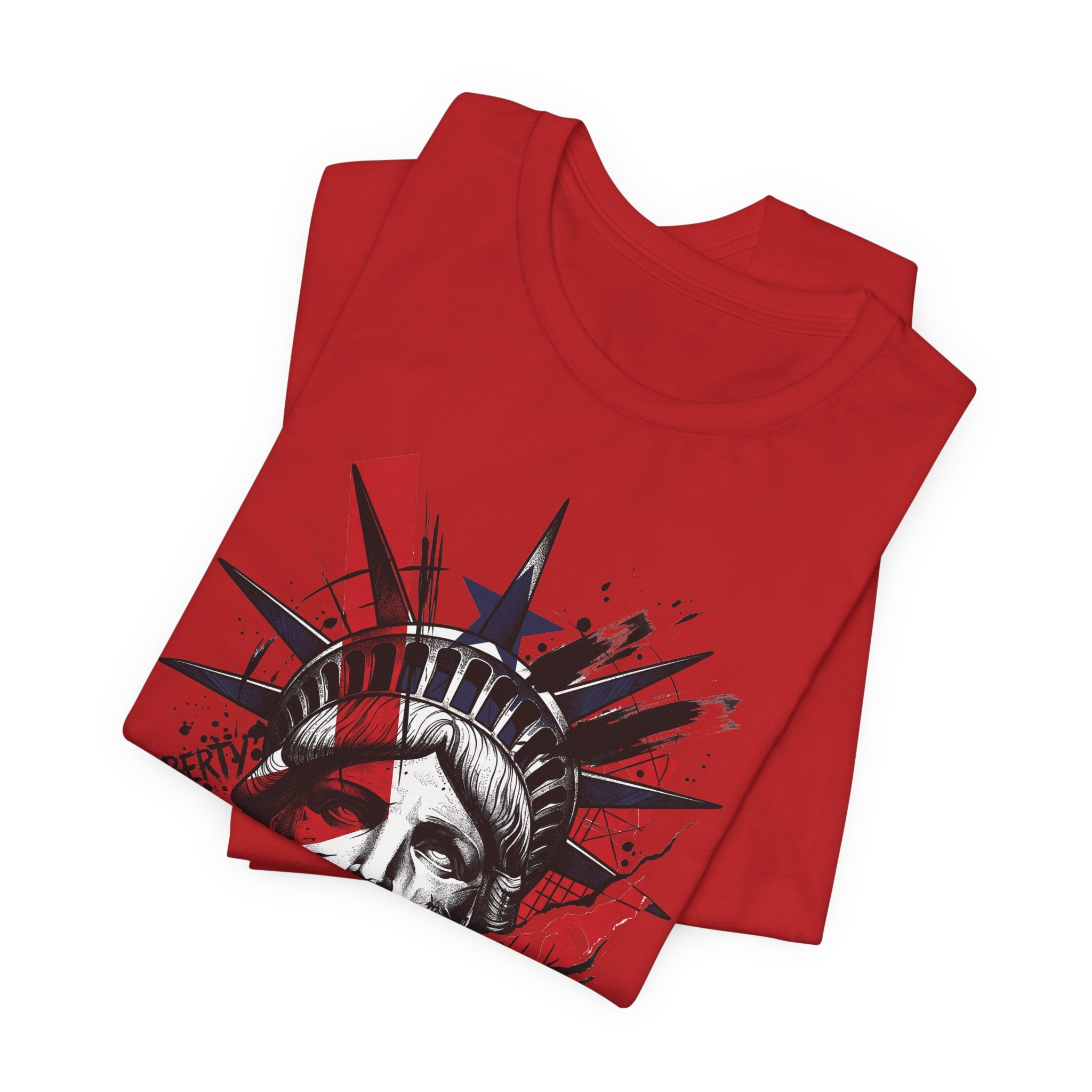 Red folded graphic T-shirt showing Liberty Statue face print