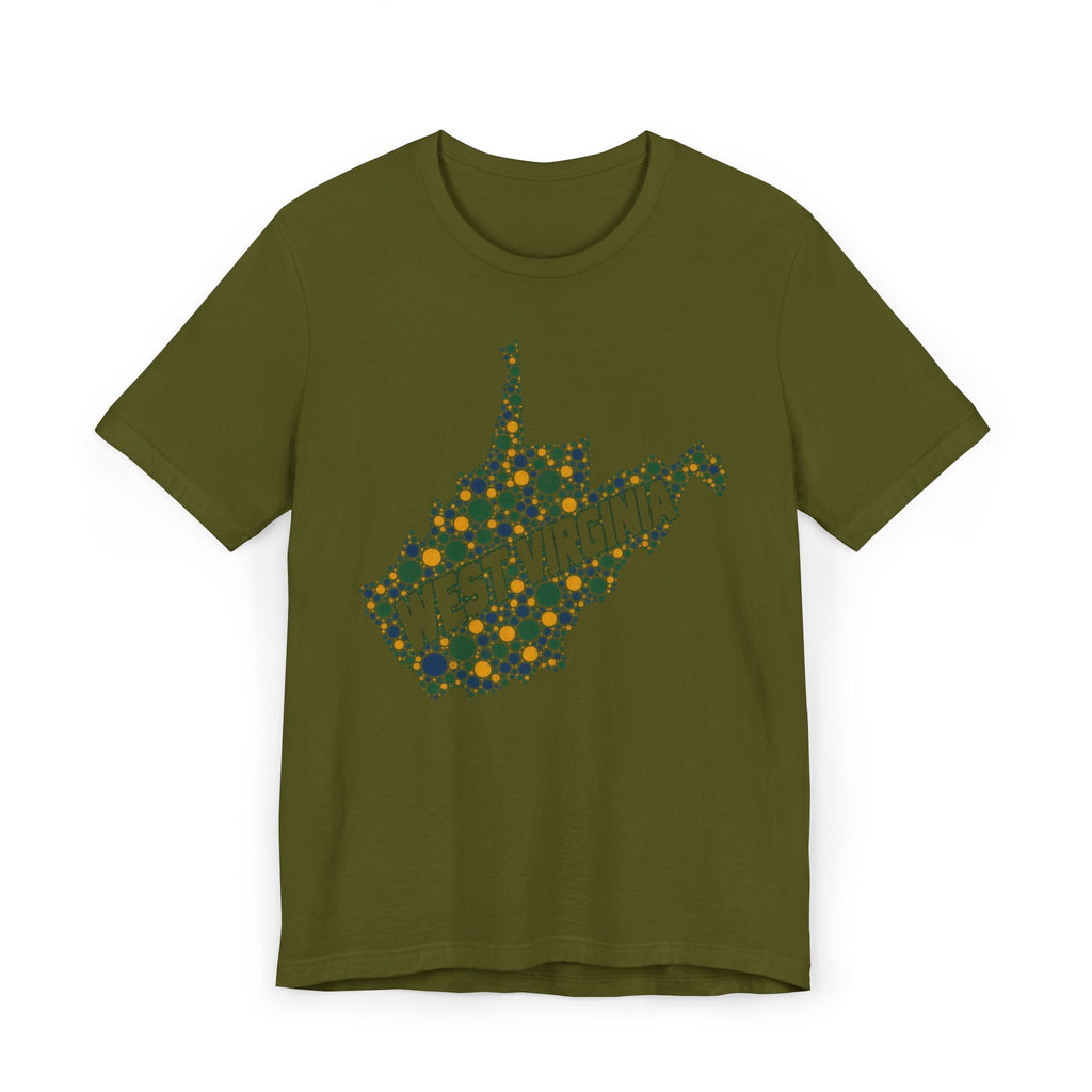 Olive green West Virginia floral map graphic T-shirt with dotted state outline